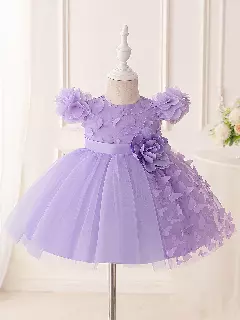 Leyre Lavender Butterfly Tulle Flower Sleeve Tea Length Baby & Toddler Party Dress