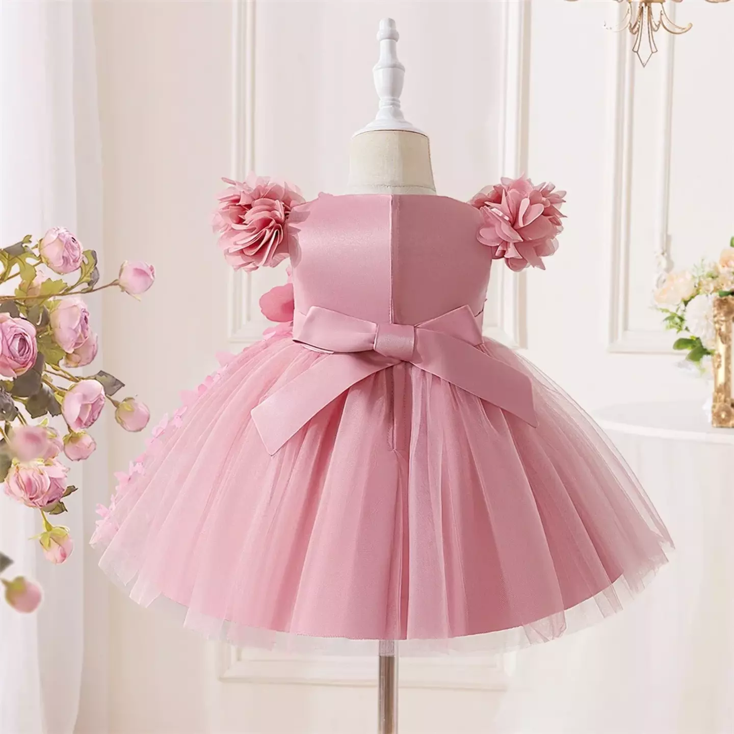 Leyre Dusty Pink Butterfly Tulle Flower Sleeve Tea Length Baby & Toddler Party Dress