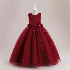 Riera Maroon Flower and Butterfly Tulle Tea Length Girls Party Dress