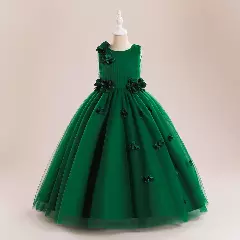 Riera Forest Green Flower and Butterfly Tulle Tea Length Girls Party Dress