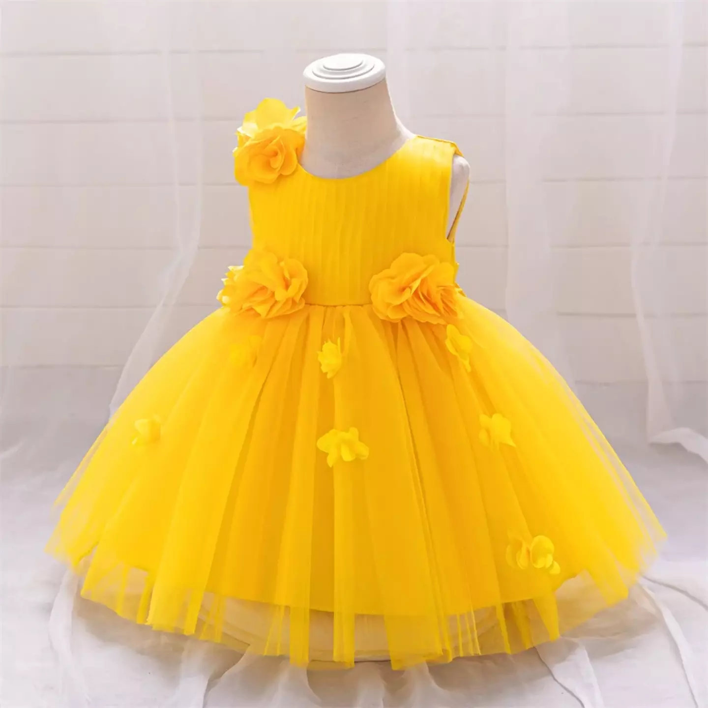 Riera II Yellow Flower Tulle Tea Length Baby & Toddler Party Dress