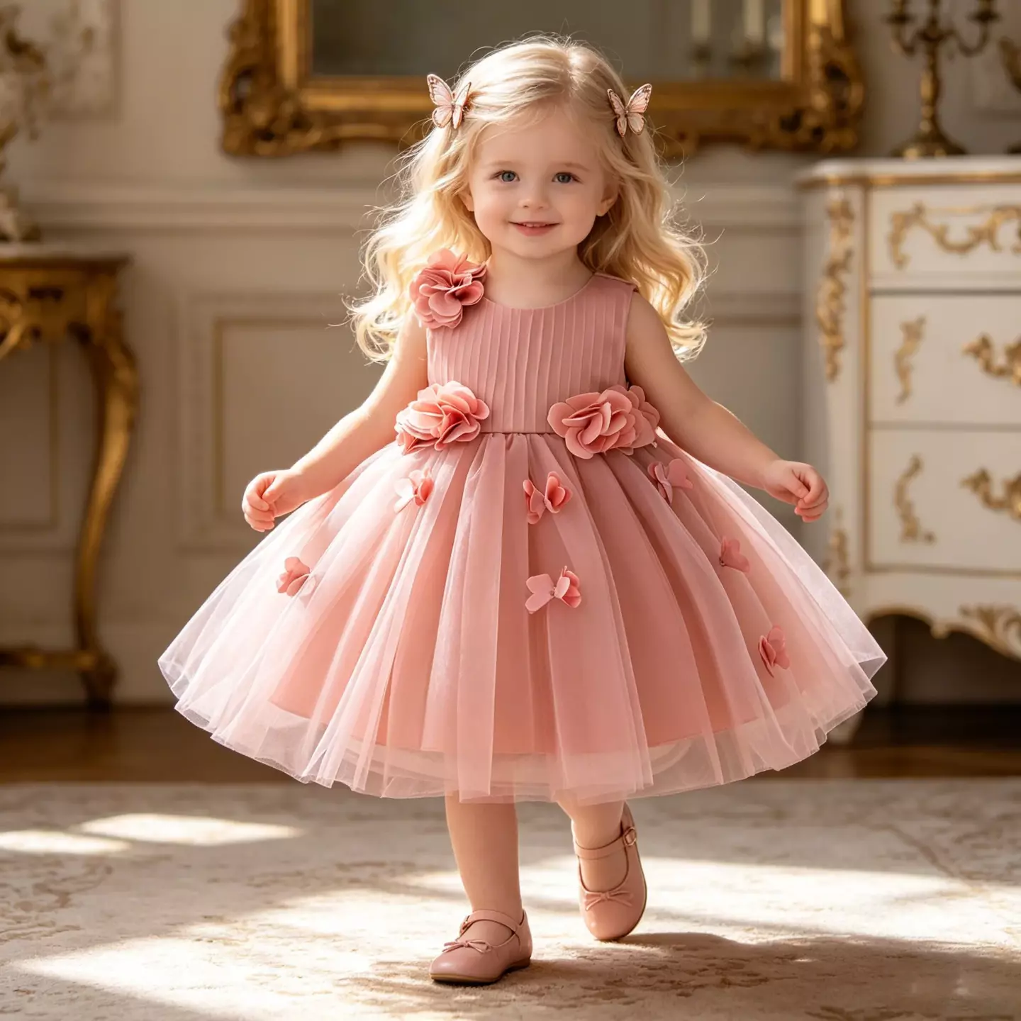 Riera II Dusty Pink Flower Tulle Tea Length Baby & Toddler Party Dress