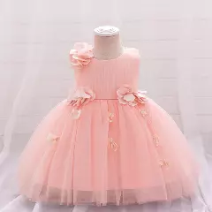 Riera II Peach Pink Flower Tulle Tea Length Baby & Toddler Party Dress