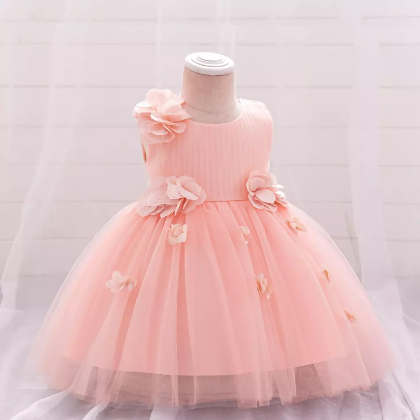 Riera II Peach Pink Flower Tulle Tea Length Baby & Toddler Party Dress