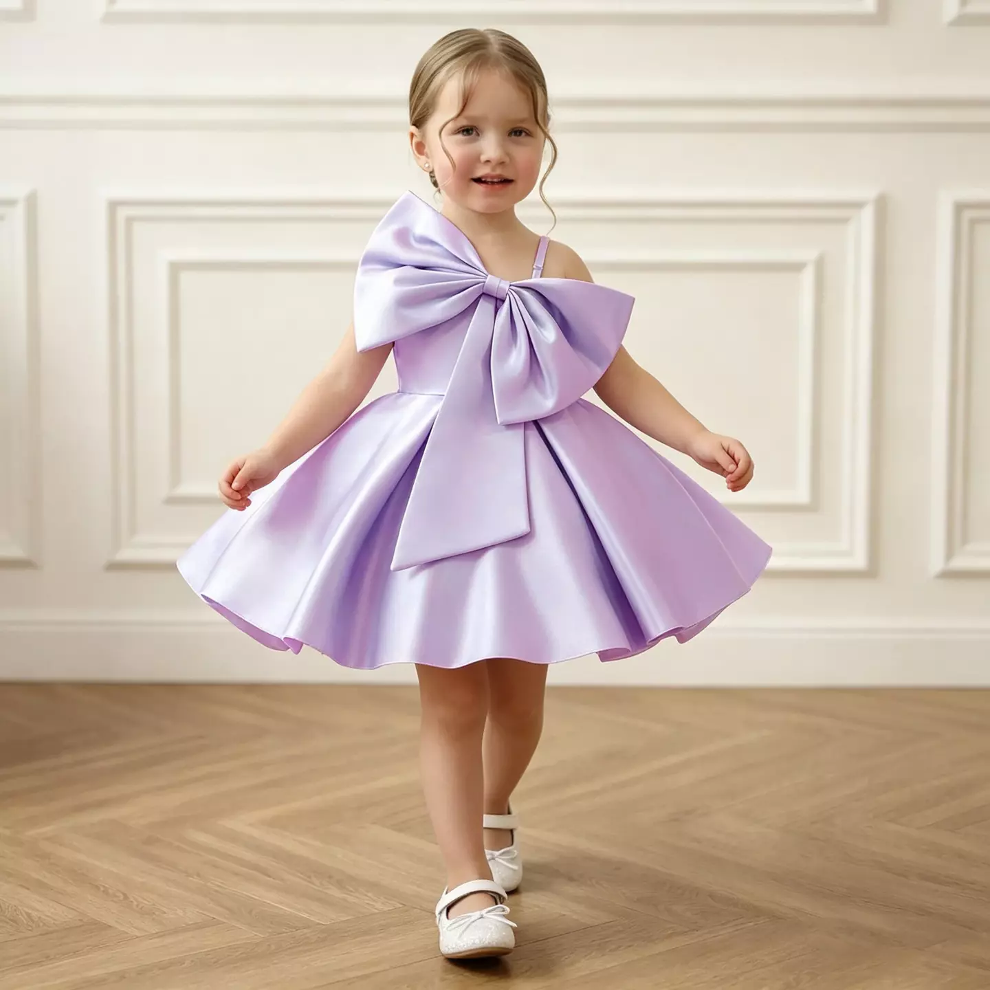 Suh Lavender Satin Big Bow Tea Length Baby & Toddler Party Dress