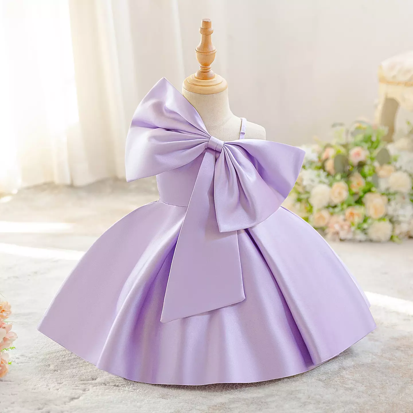 Suh Lavender Satin Big Bow Tea Length Baby & Toddler Party Dress