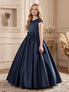 Alison Navy Satin Cap Sleeve Girls Bridesmaid Dress with V-Back & Satin Bow | Lucys