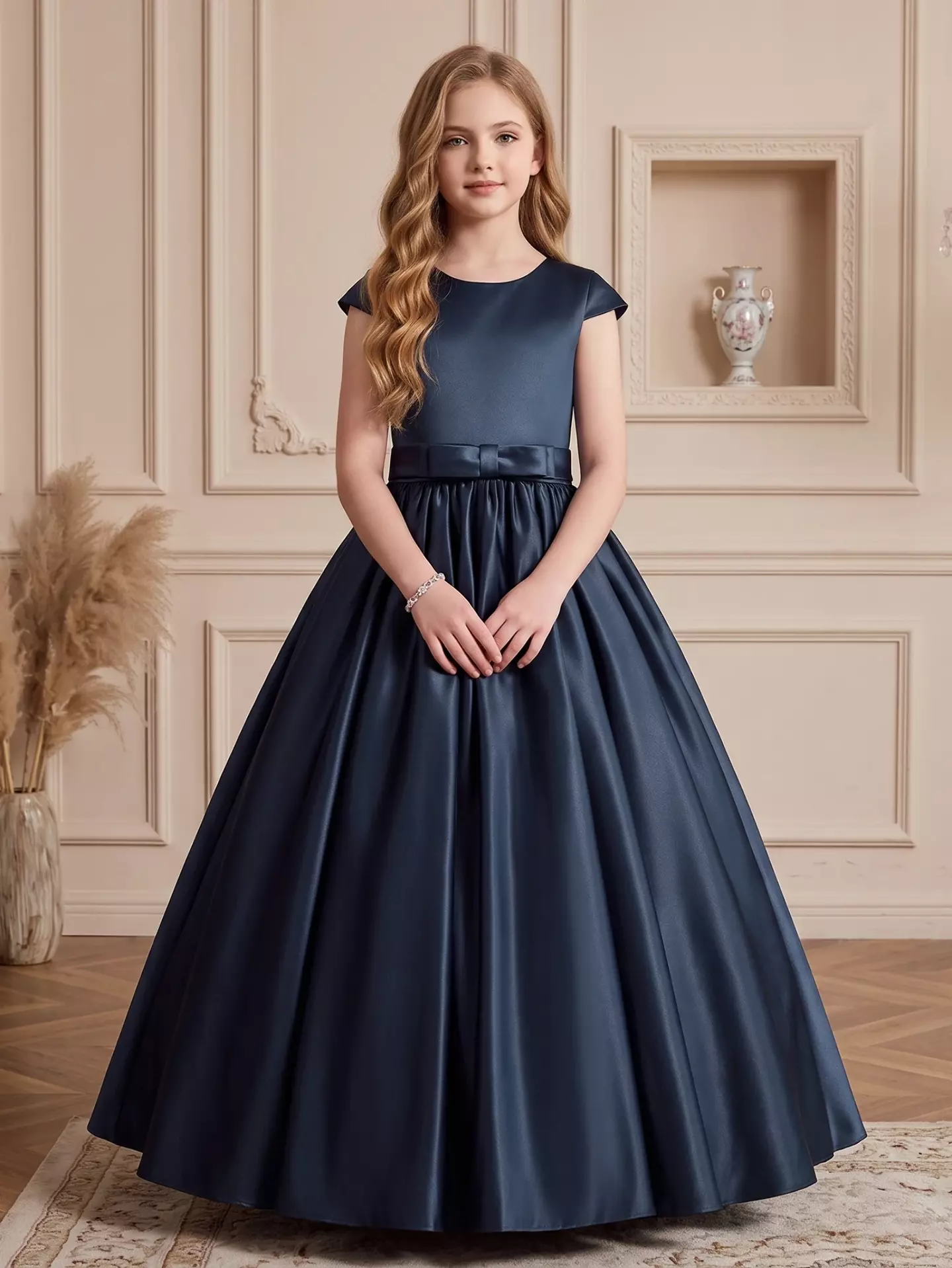 Alison Navy Satin Cap Sleeve Girls Bridesmaid Dress with V-Back & Satin Bow | Lucys