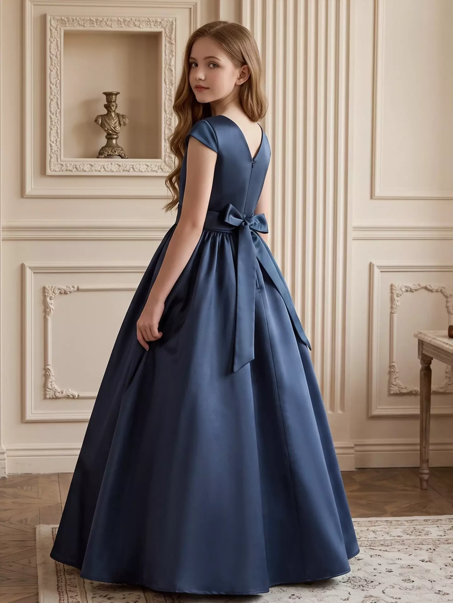 Alison Navy Satin Cap Sleeve Girls Bridesmaid Dress with V-Back & Satin Bow | Lucys