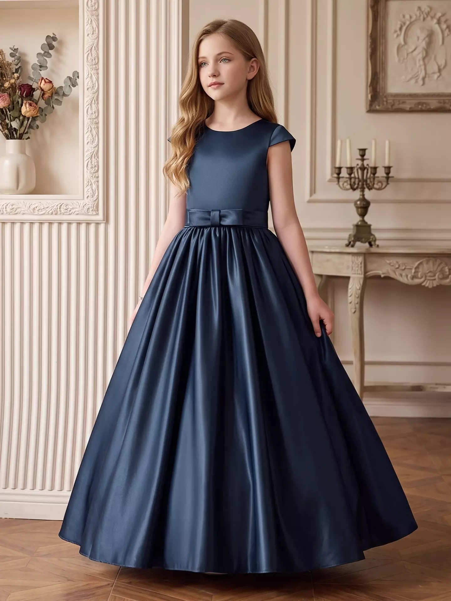 Alison Navy Satin Cap Sleeve Girls Bridesmaid Dress with V-Back & Satin Bow | Lucys