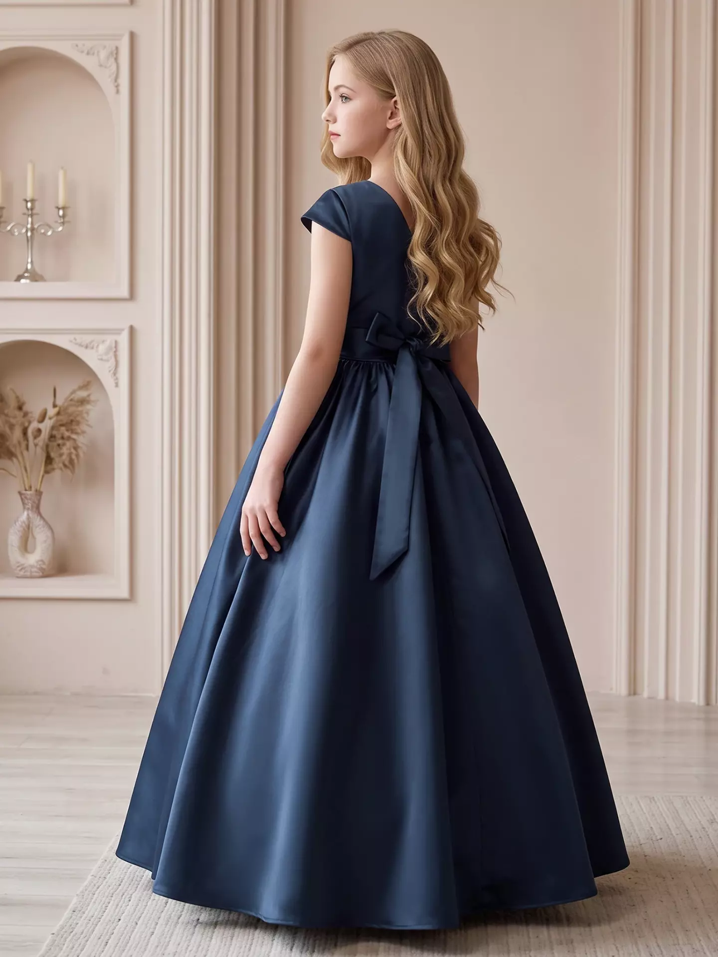 Alison Navy Satin Cap Sleeve Girls Bridesmaid Dress with V-Back & Satin Bow | Lucys
