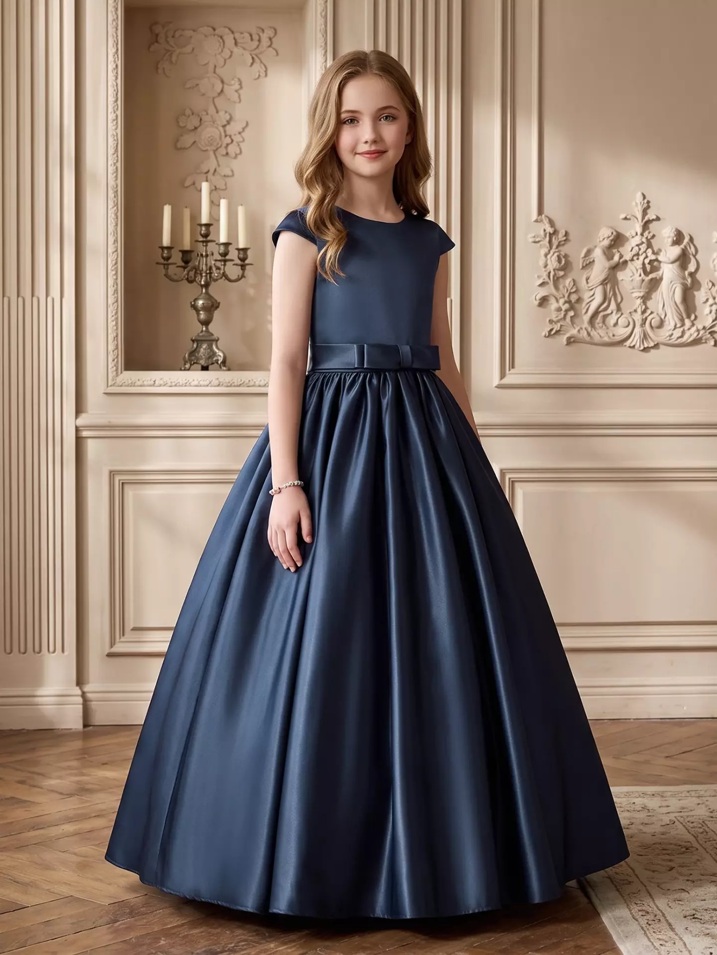 Alison Navy Satin Cap Sleeve Girls Bridesmaid Dress with V-Back & Satin Bow | Lucys