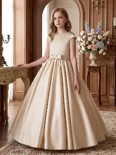Alison Beige Satin Cap Sleeve Girls Bridesmaid Dress with V-Back & Satin Bow | Lucys