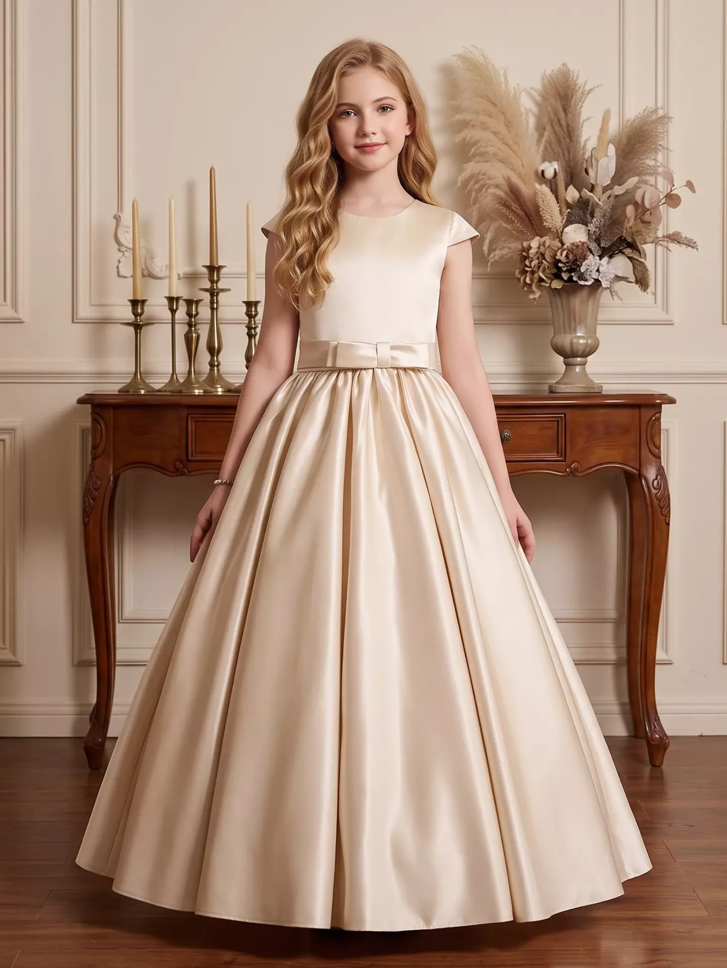 Alison Beige Satin Cap Sleeve Girls Bridesmaid Dress with V-Back & Satin Bow | Lucys