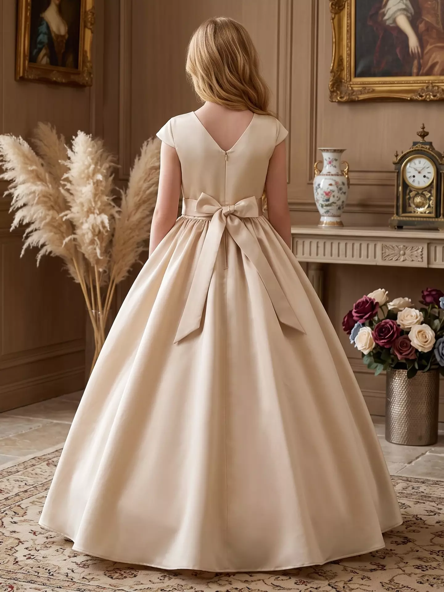 Alison Beige Satin Cap Sleeve Girls Bridesmaid Dress with V-Back & Satin Bow | Lucys