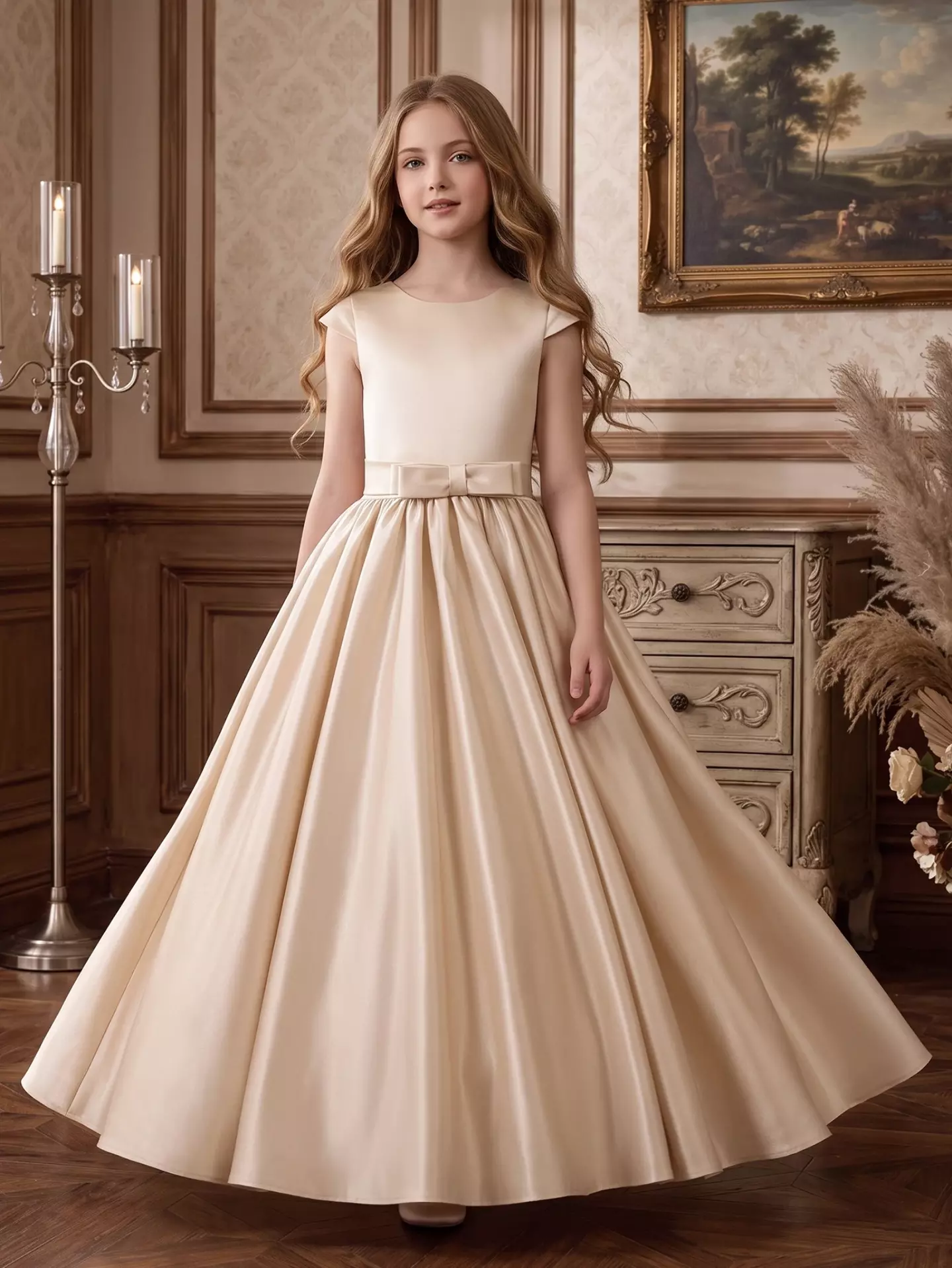 Alison Beige Satin Cap Sleeve Girls Bridesmaid Dress with V-Back & Satin Bow | Lucys