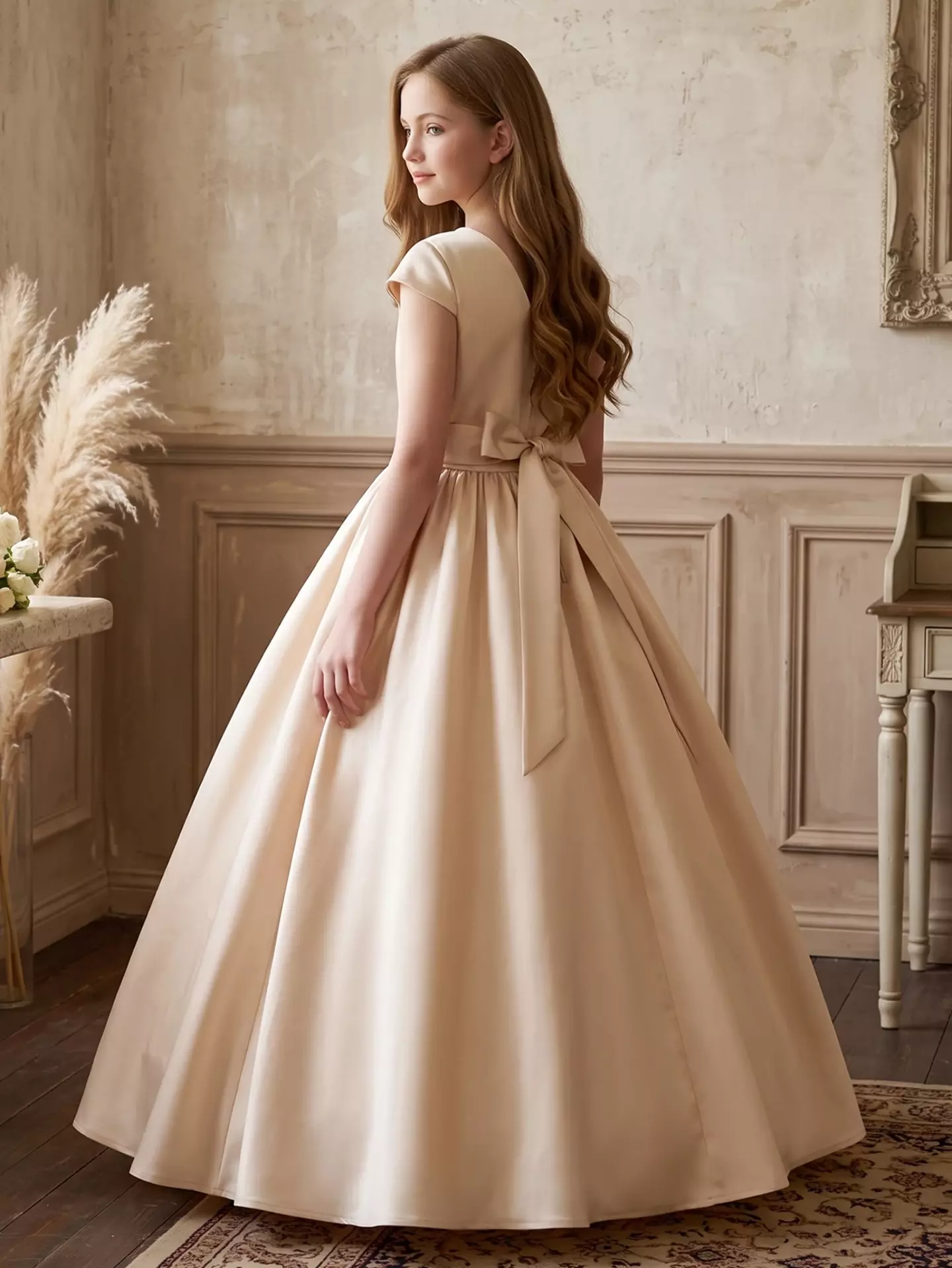 Alison Beige Satin Cap Sleeve Girls Bridesmaid Dress with V-Back & Satin Bow | Lucys