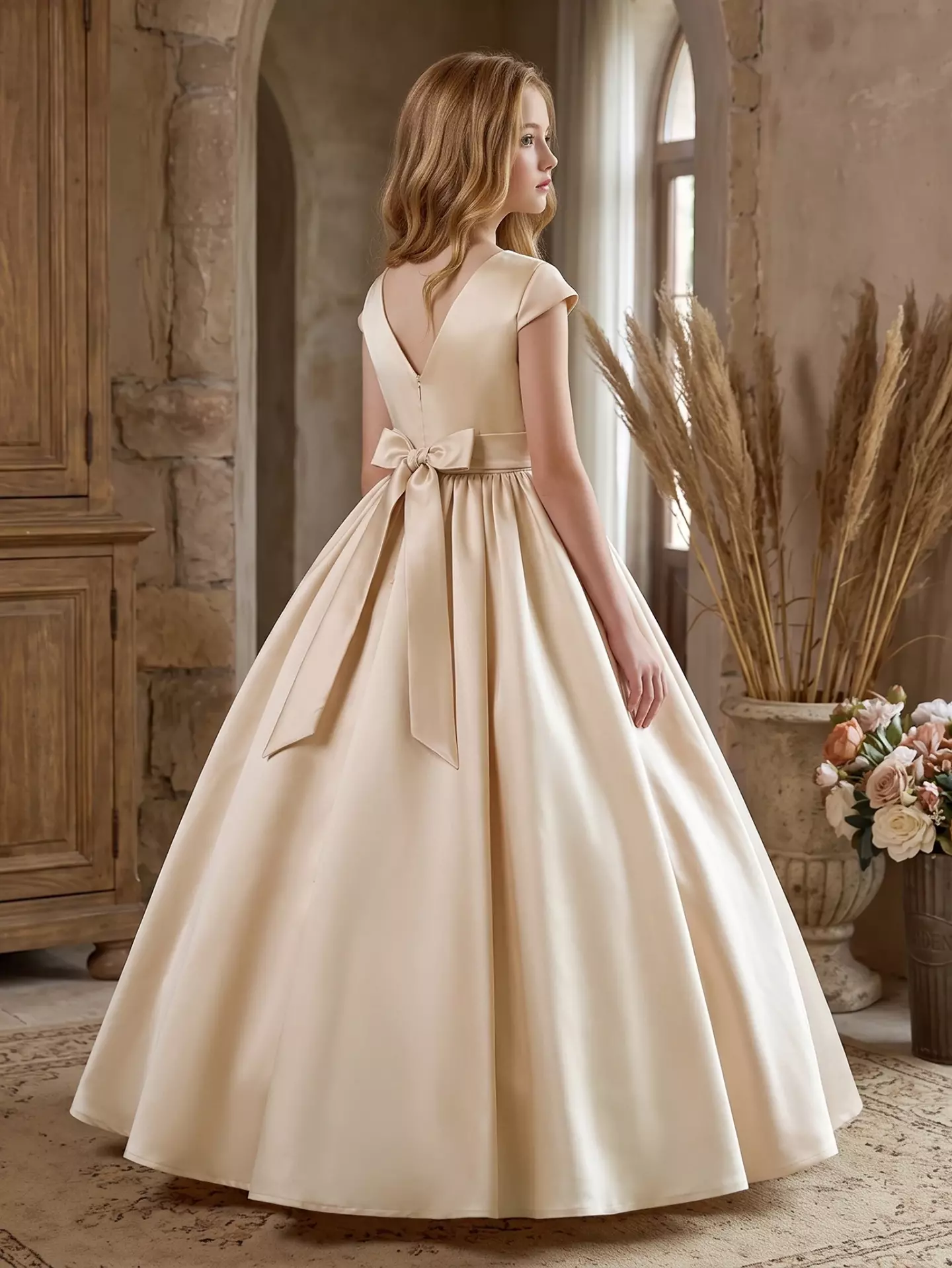 Alison Beige Satin Cap Sleeve Girls Bridesmaid Dress with V-Back & Satin Bow | Lucys