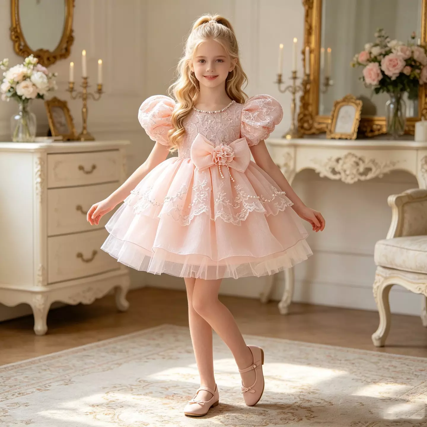 Elizara Peach Pink Puff Sleeve Sequin Bow Knee Length Girls Party Dress
