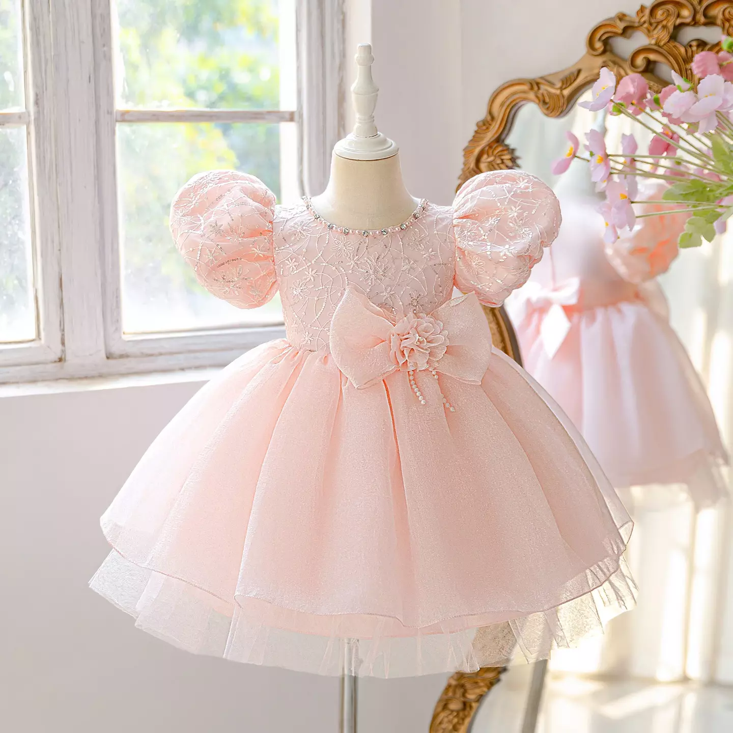 Elizara Peach Pink Puff Sleeve Sequin Bow Knee Length Girls Party Dress