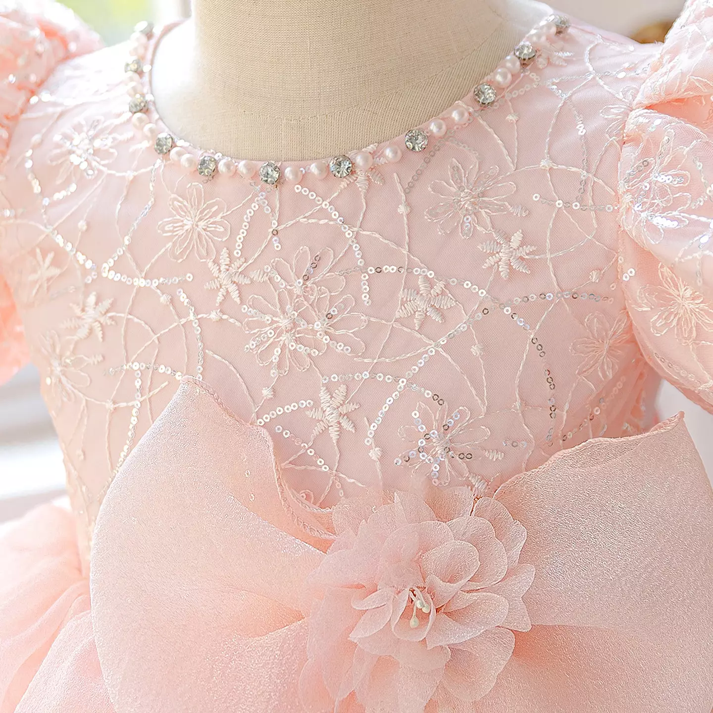 Elizara Peach Pink Puff Sleeve Sequin Bow Knee Length Girls Party Dress