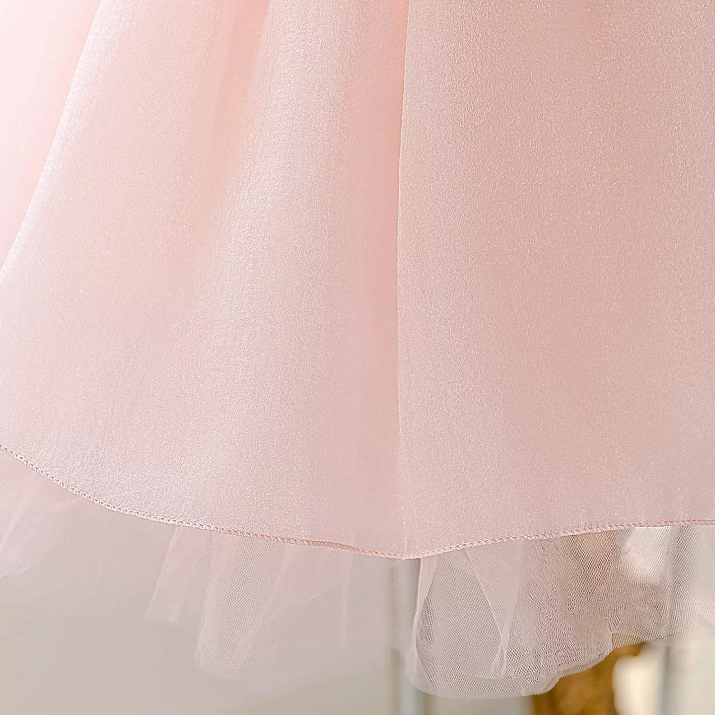 Elizara Peach Pink Puff Sleeve Sequin Bow Knee Length Girls Party Dress