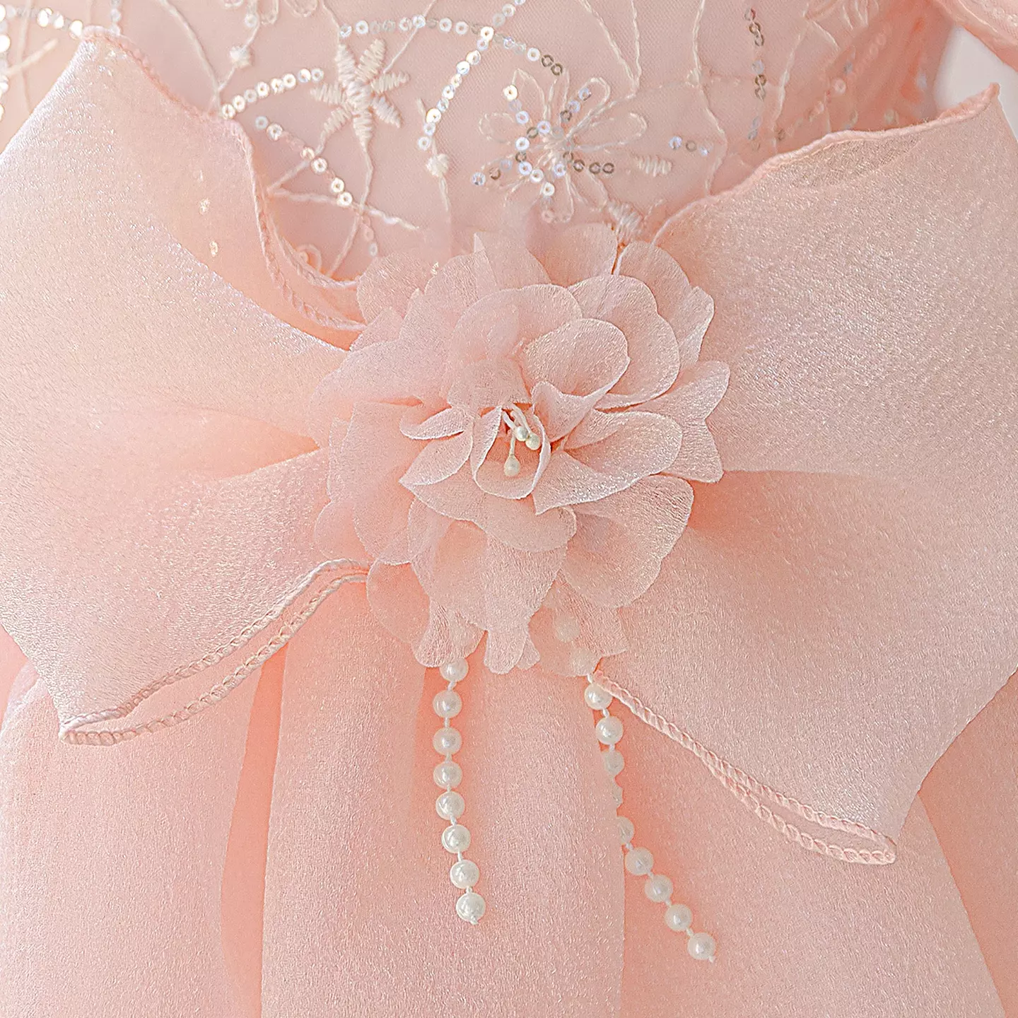 Elizara Peach Pink Puff Sleeve Sequin Bow Knee Length Girls Party Dress
