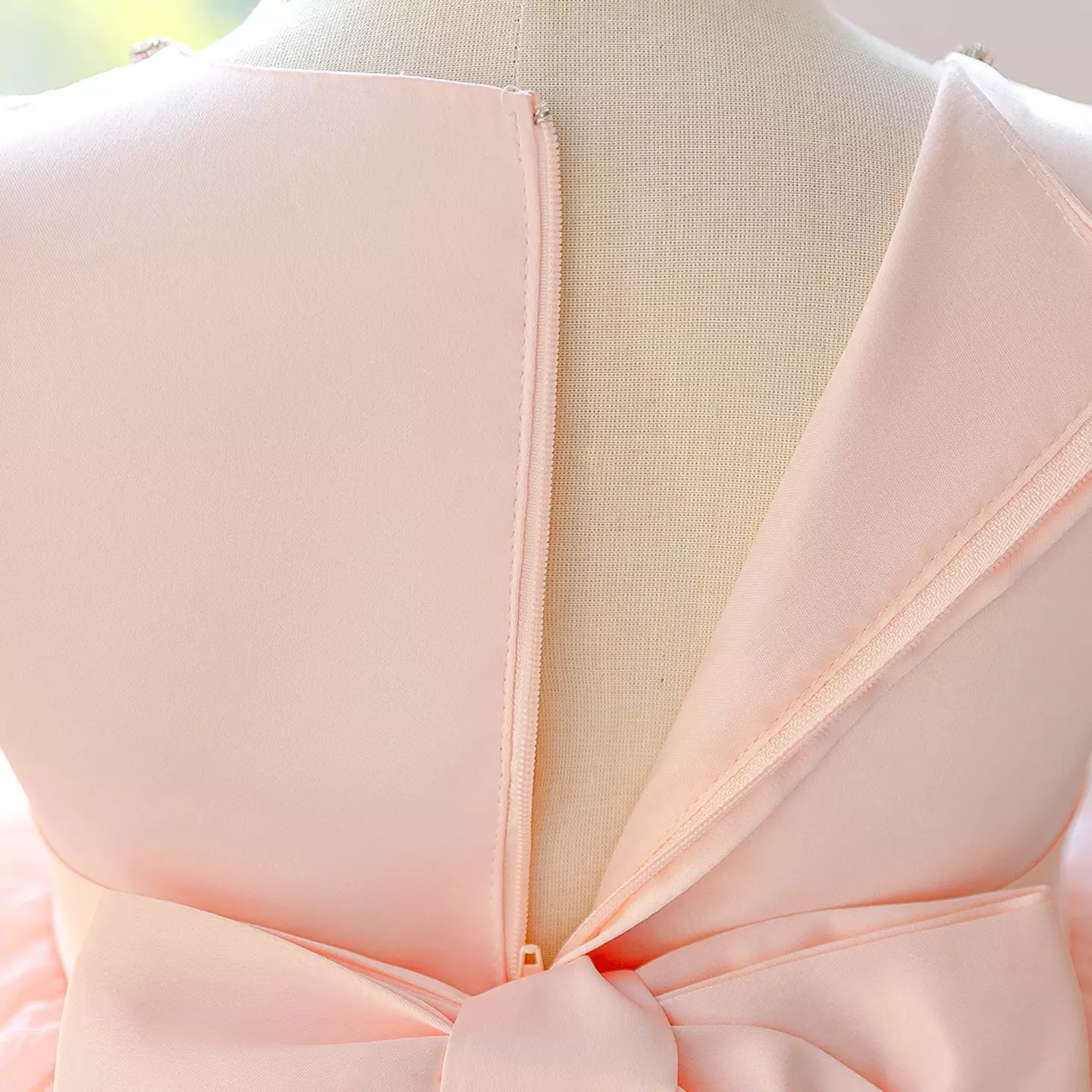 Elizara Peach Pink Puff Sleeve Sequin Bow Knee Length Girls Party Dress