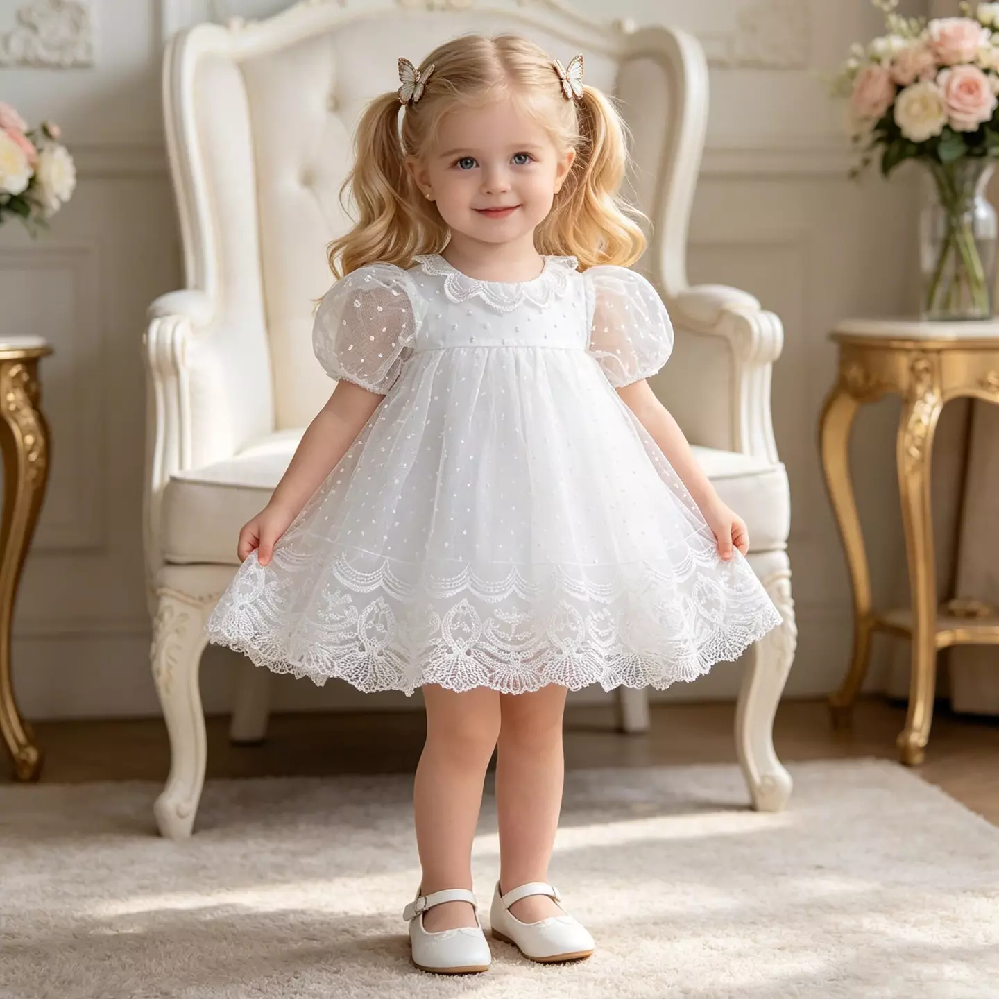 Taylah White Dotted Tulle Lace Collar Tea Length Baby & Toddler Christening Dress