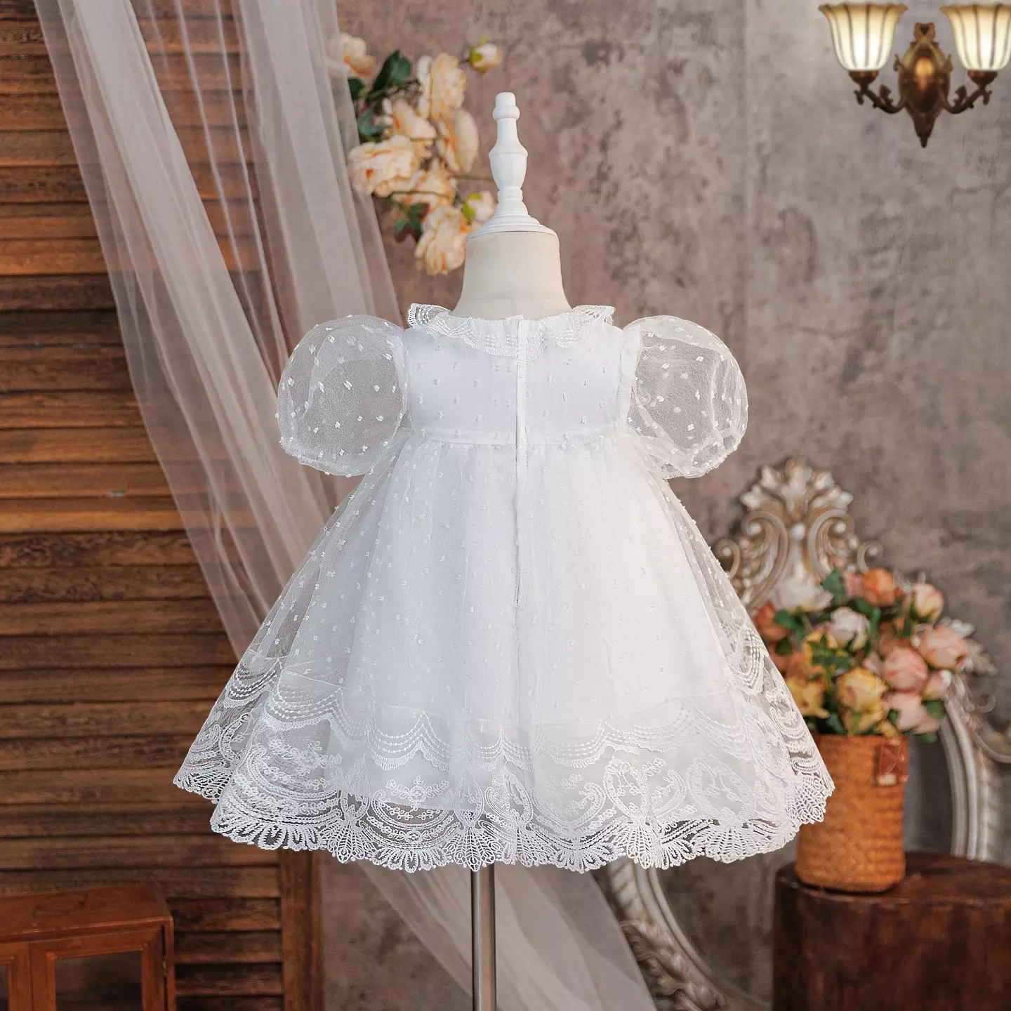Taylah White Dotted Tulle Lace Collar Tea Length Baby & Toddler Christening Dress