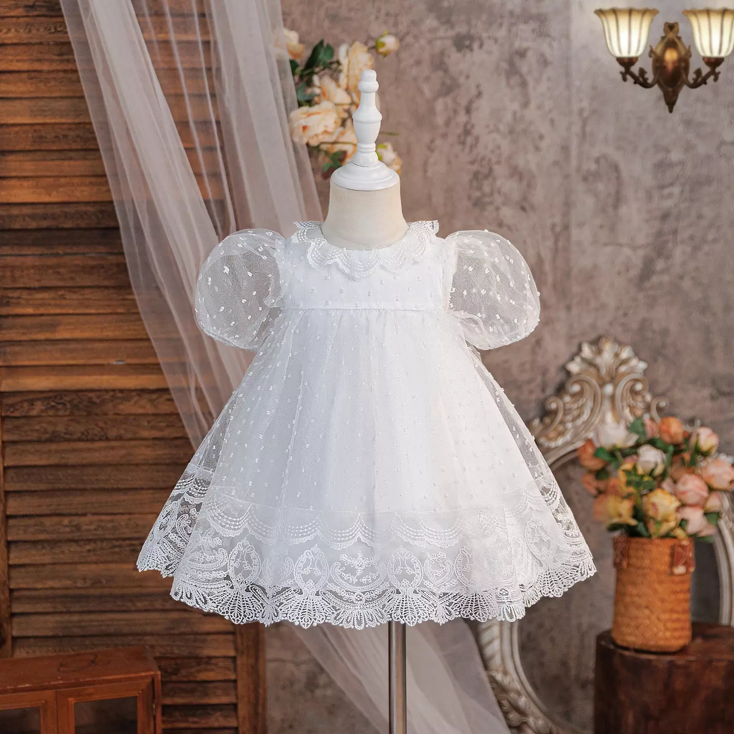 Taylah White Dotted Tulle Lace Collar Tea Length Baby & Toddler Christening Dress