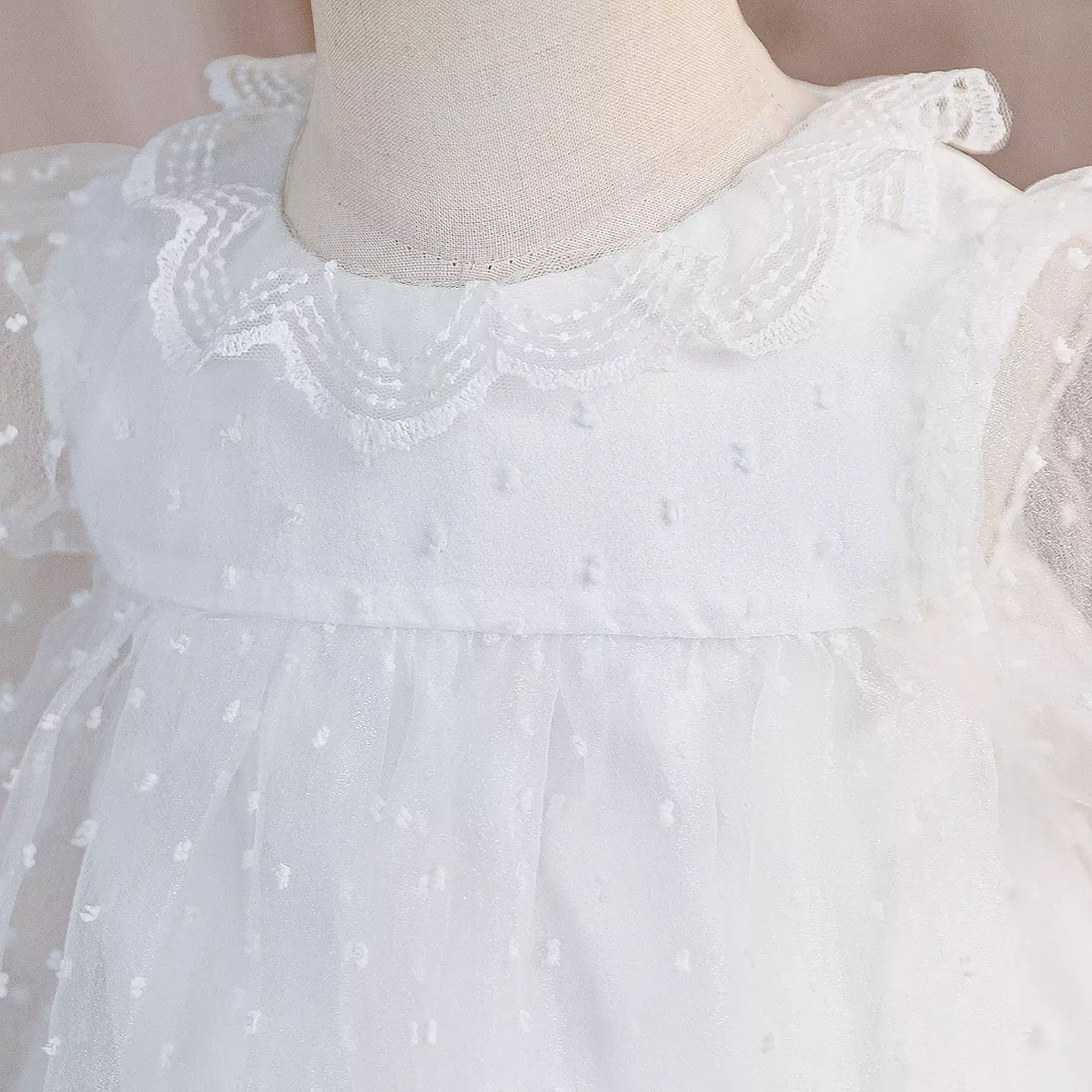 Taylah White Dotted Tulle Lace Collar Tea Length Baby & Toddler Christening Dress