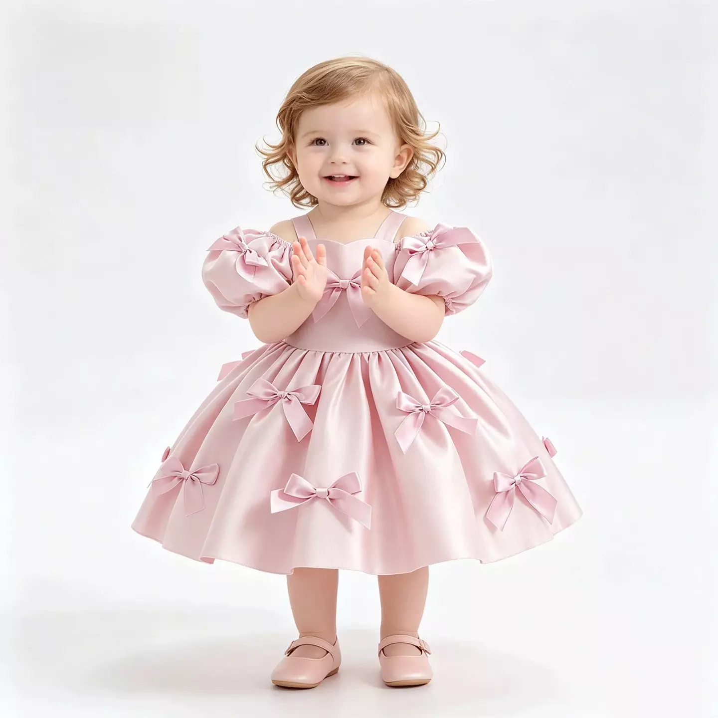 Dalma Dusty Pink Satin Bow Puff Sleeve Tea Length Baby & Toddler Party Dress