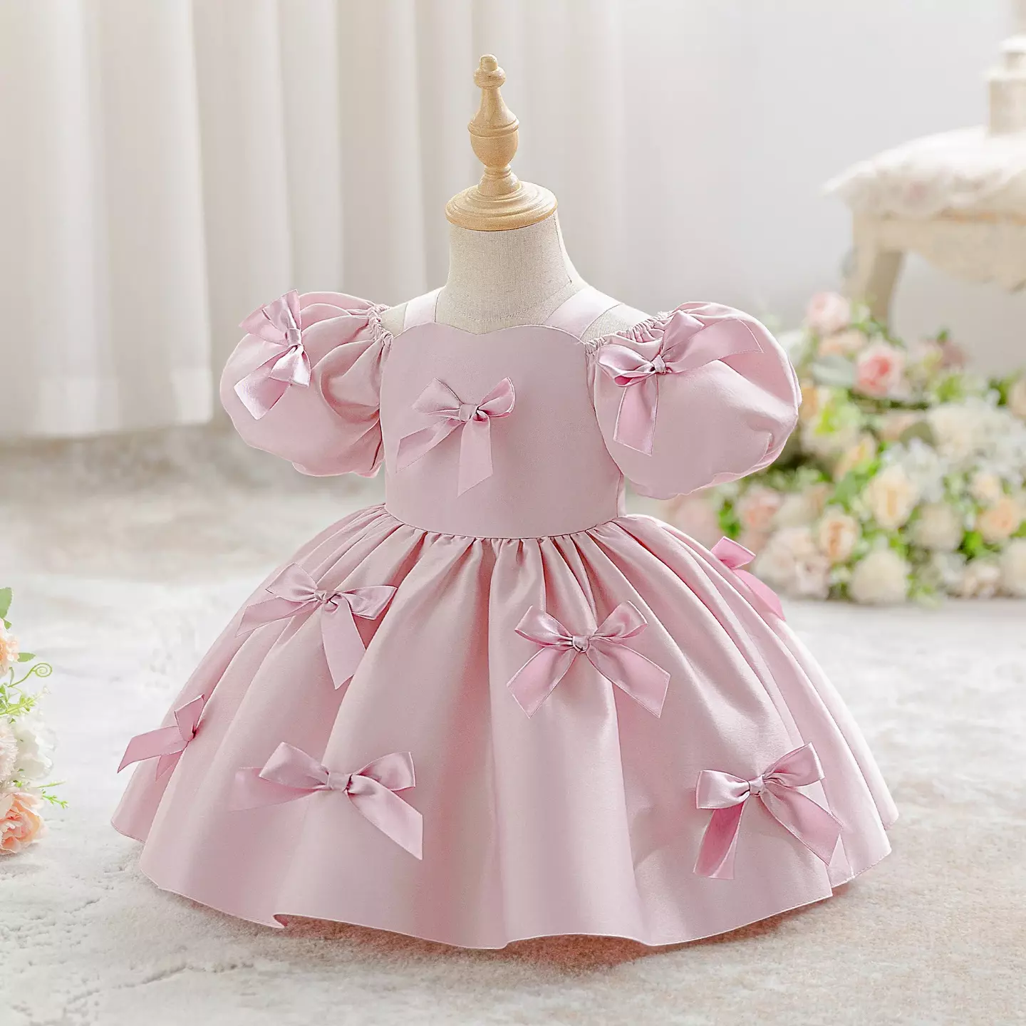 Dalma Dusty Pink Satin Bow Puff Sleeve Tea Length Baby & Toddler Party Dress