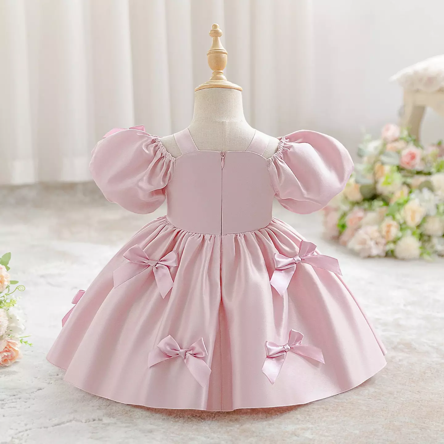 Dalma Dusty Pink Satin Bow Puff Sleeve Tea Length Baby & Toddler Party Dress
