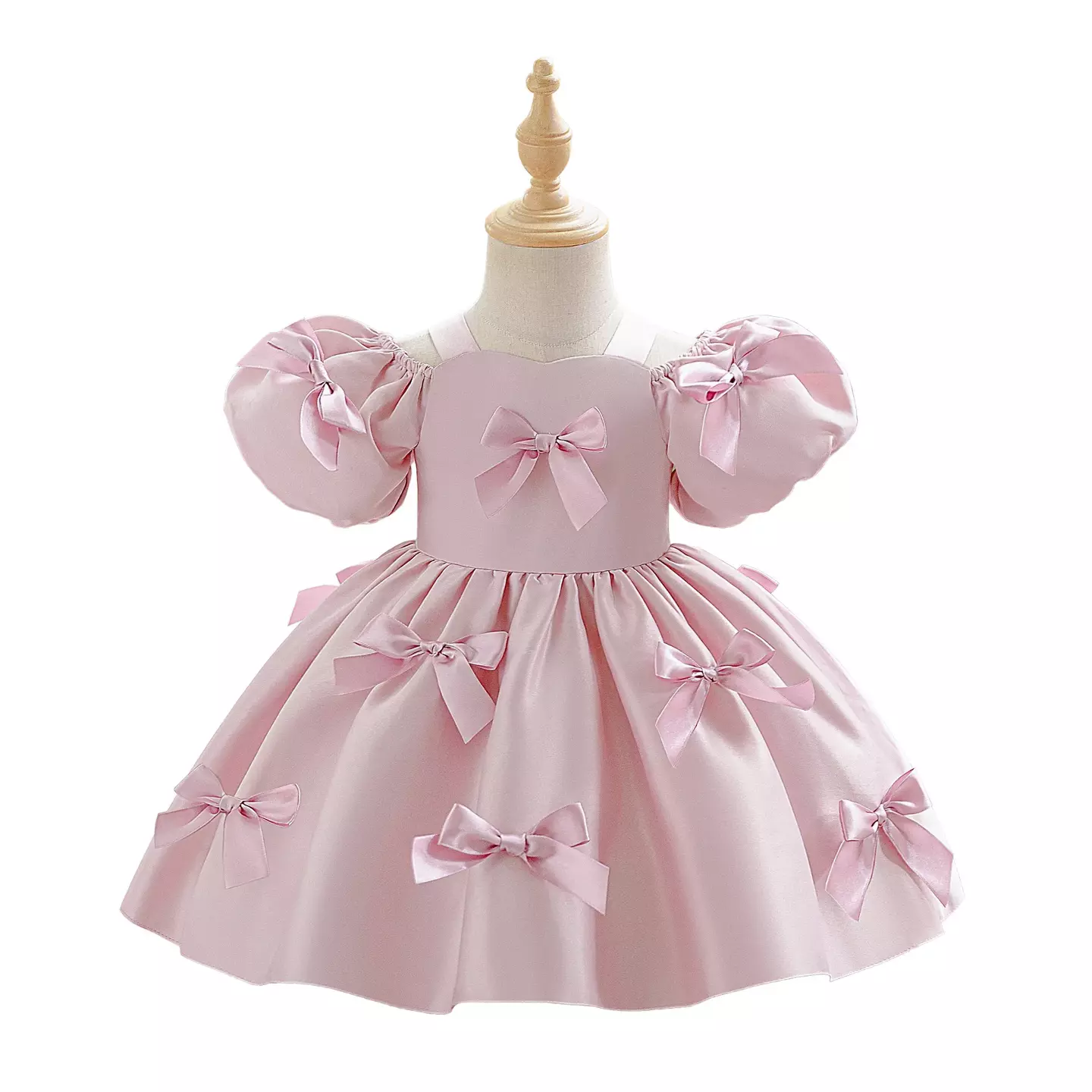 Dalma Dusty Pink Satin Bow Puff Sleeve Tea Length Baby & Toddler Party Dress