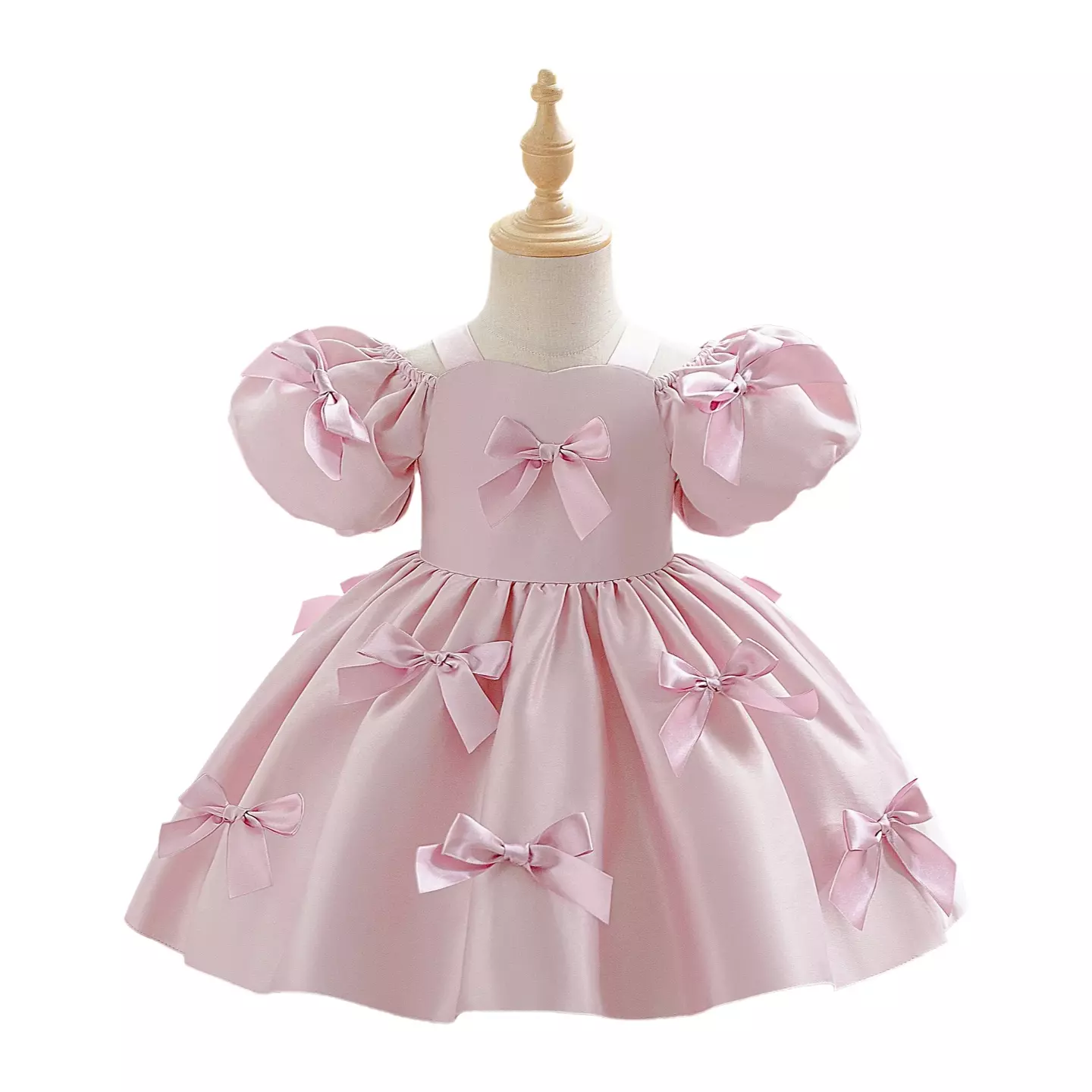 Dalma Dusty Pink Satin Bow Puff Sleeve Tea Length Baby & Toddler Party Dress
