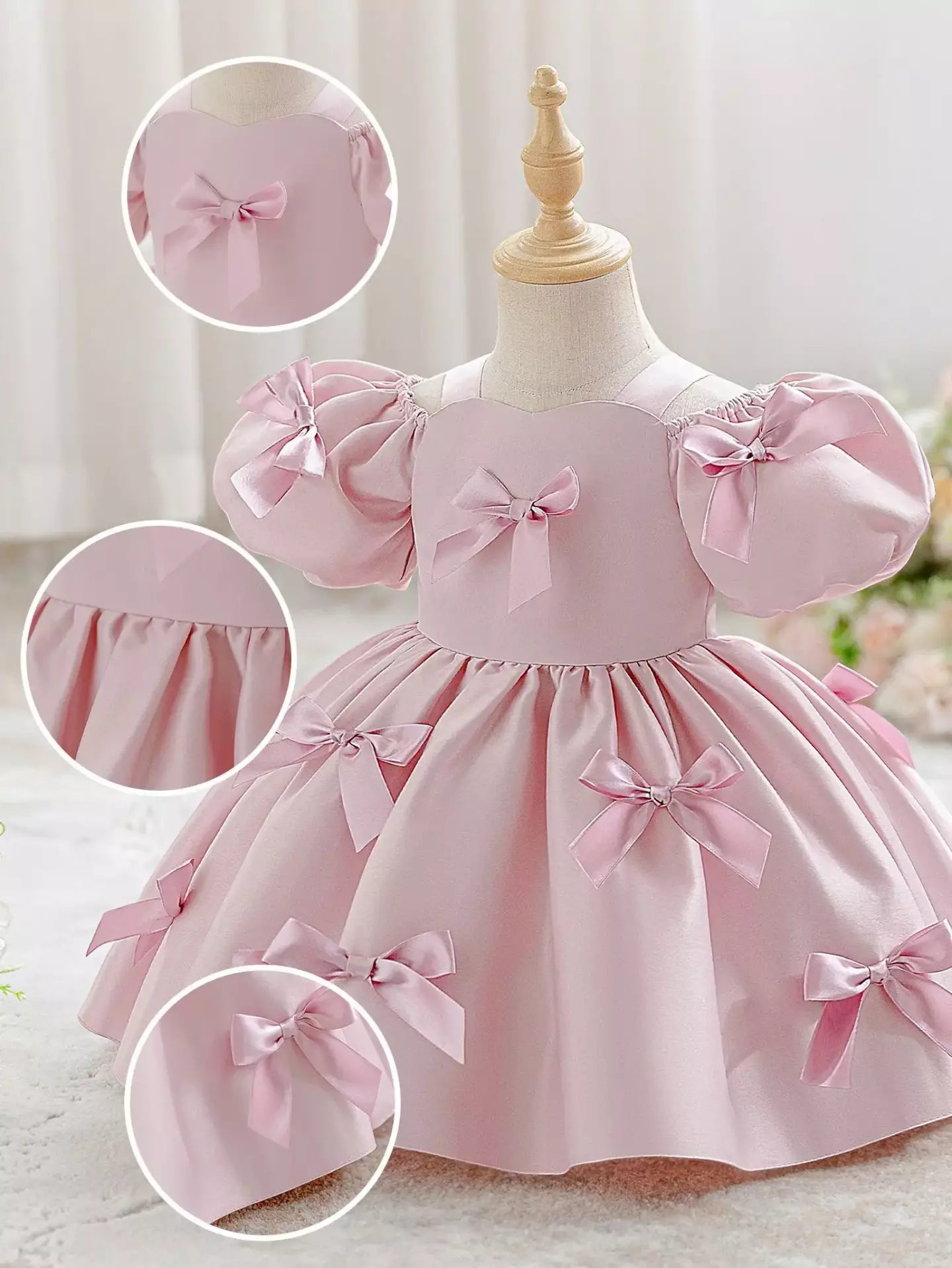Dalma Dusty Pink Satin Bow Puff Sleeve Tea Length Baby & Toddler Party Dress