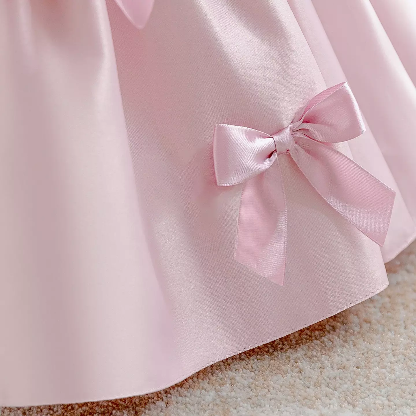 Dalma Dusty Pink Satin Bow Puff Sleeve Tea Length Baby & Toddler Party Dress