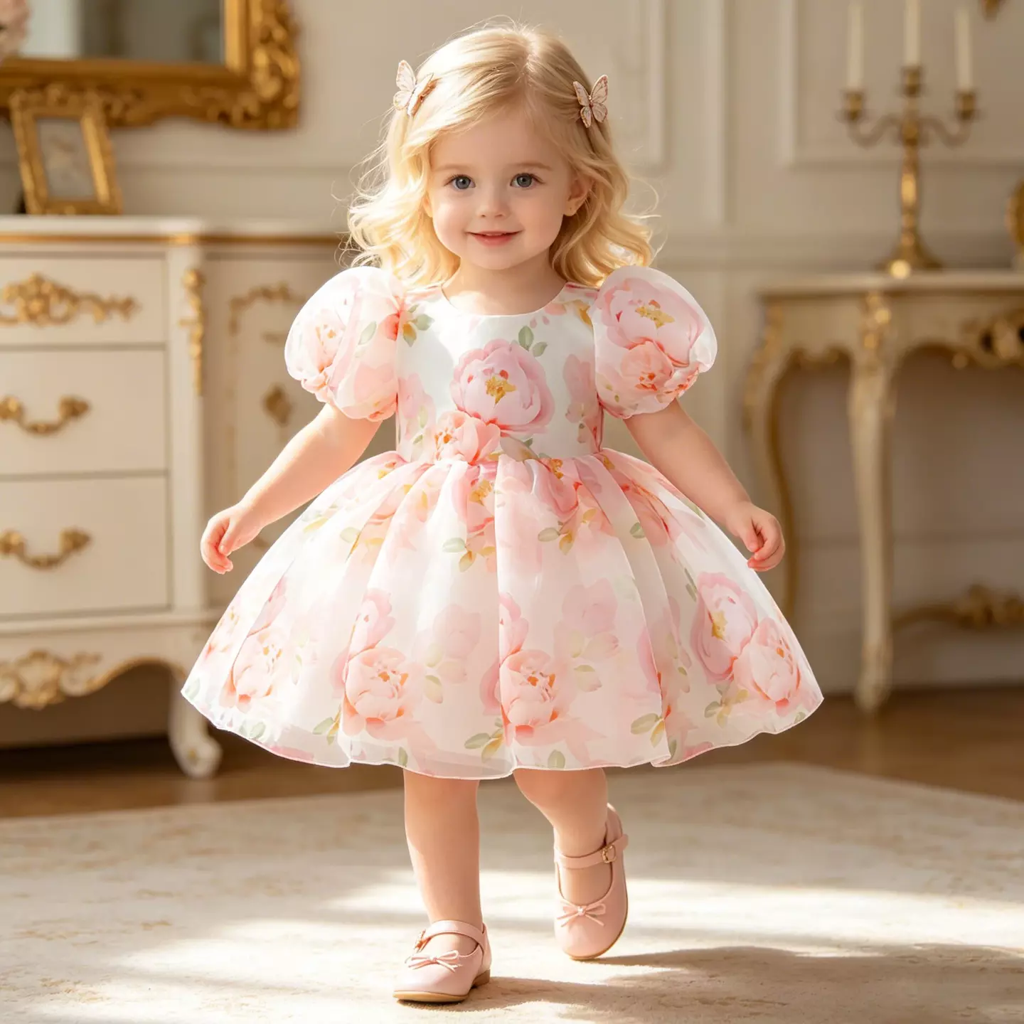 Mirra Peach Pink Floral Puff Sleeve Bow Back Tea Length Baby & Toddler Party Dress