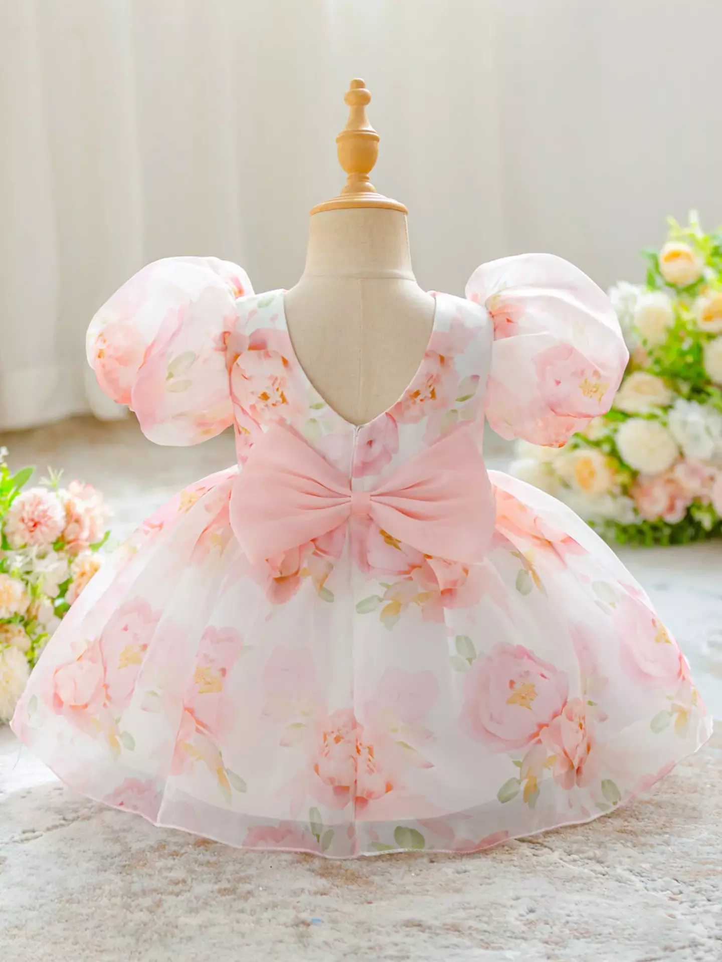Mirra Peach Pink Floral Puff Sleeve Bow Back Tea Length Baby & Toddler Party Dress