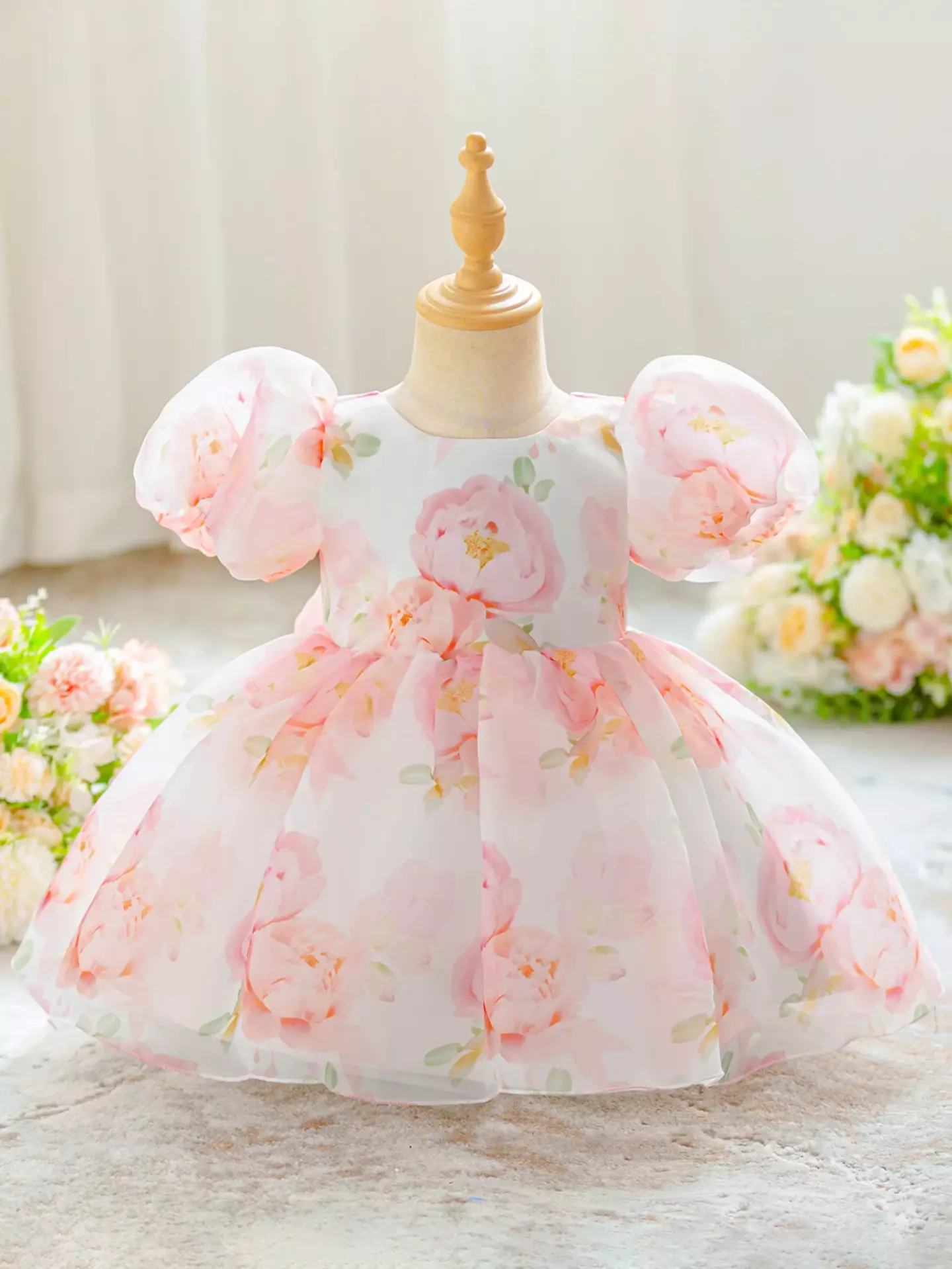 Mirra Peach Pink Floral Puff Sleeve Bow Back Tea Length Baby & Toddler Party Dress