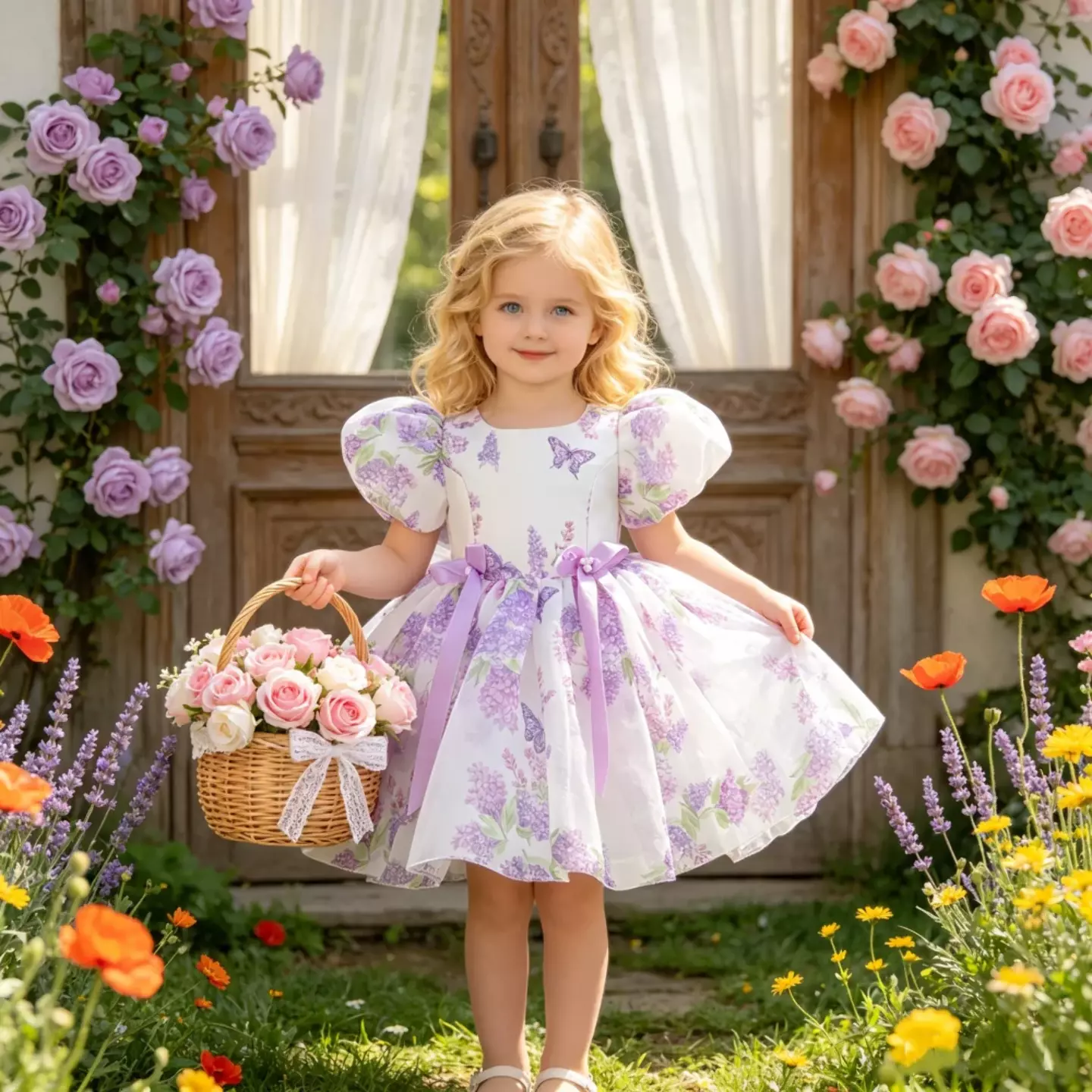 Pegula Lavender Lilac Print Puff Sleeve Tea Length Baby & Toddler Party Dress