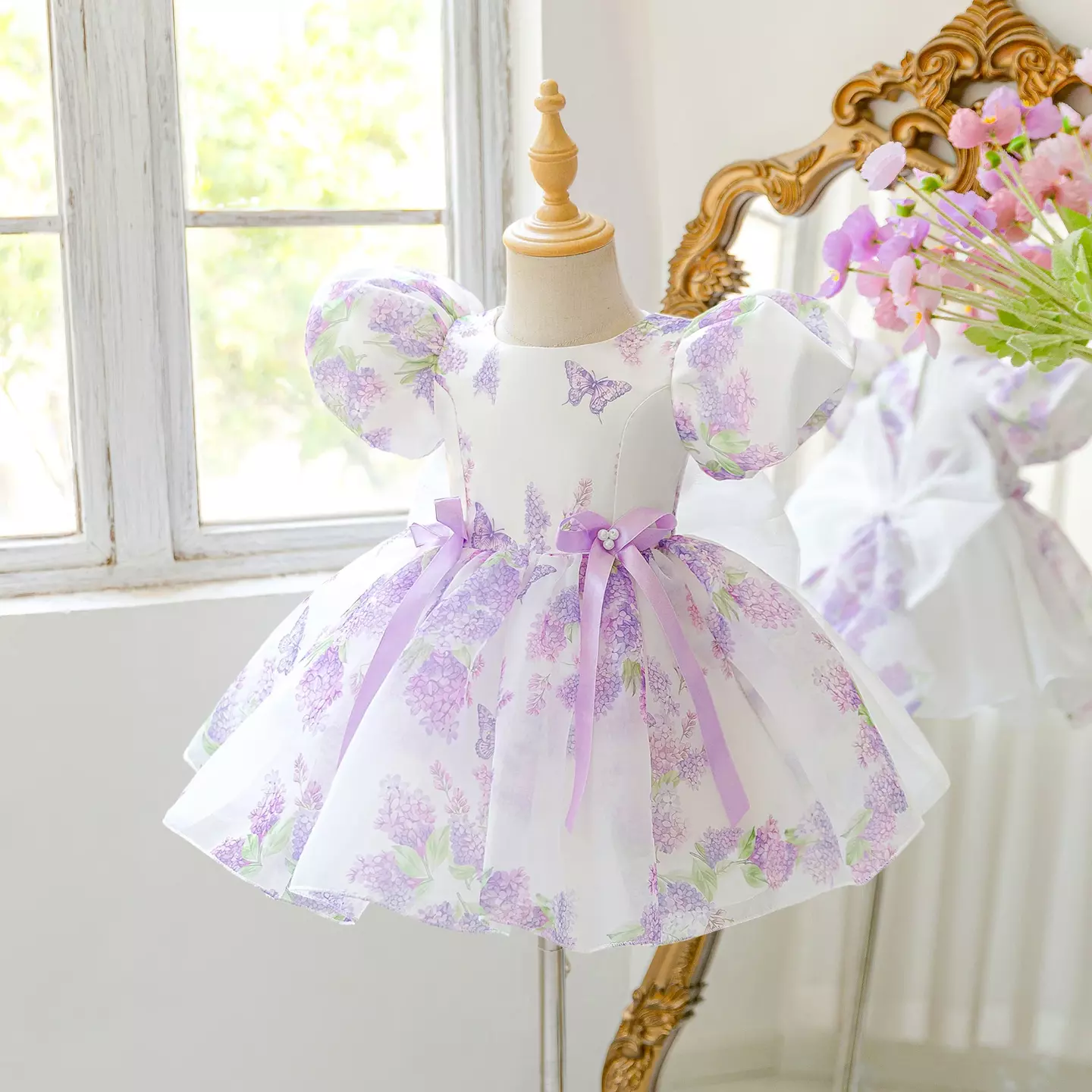 Pegula Lavender Lilac Print Puff Sleeve Tea Length Baby & Toddler Party Dress