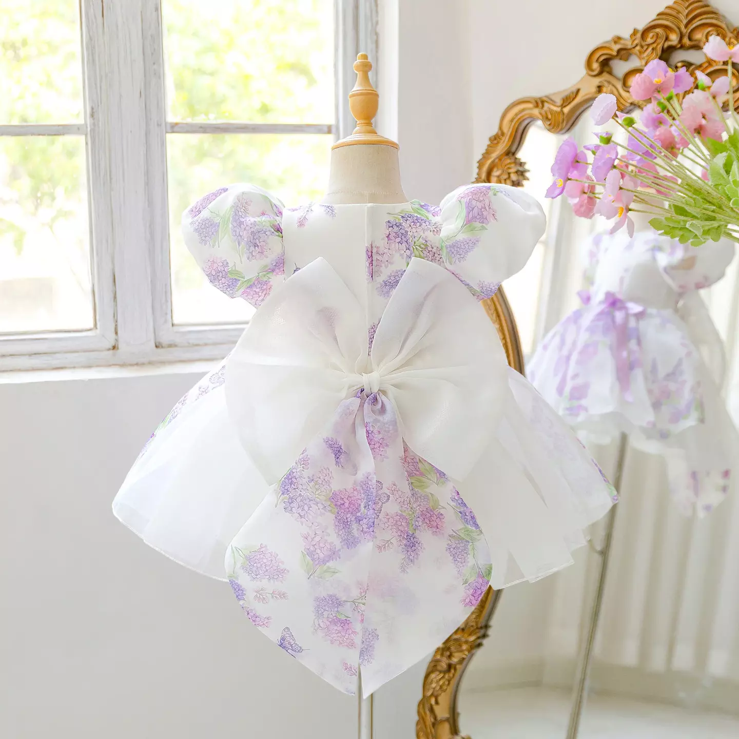 Pegula Lavender Lilac Print Puff Sleeve Tea Length Baby & Toddler Party Dress