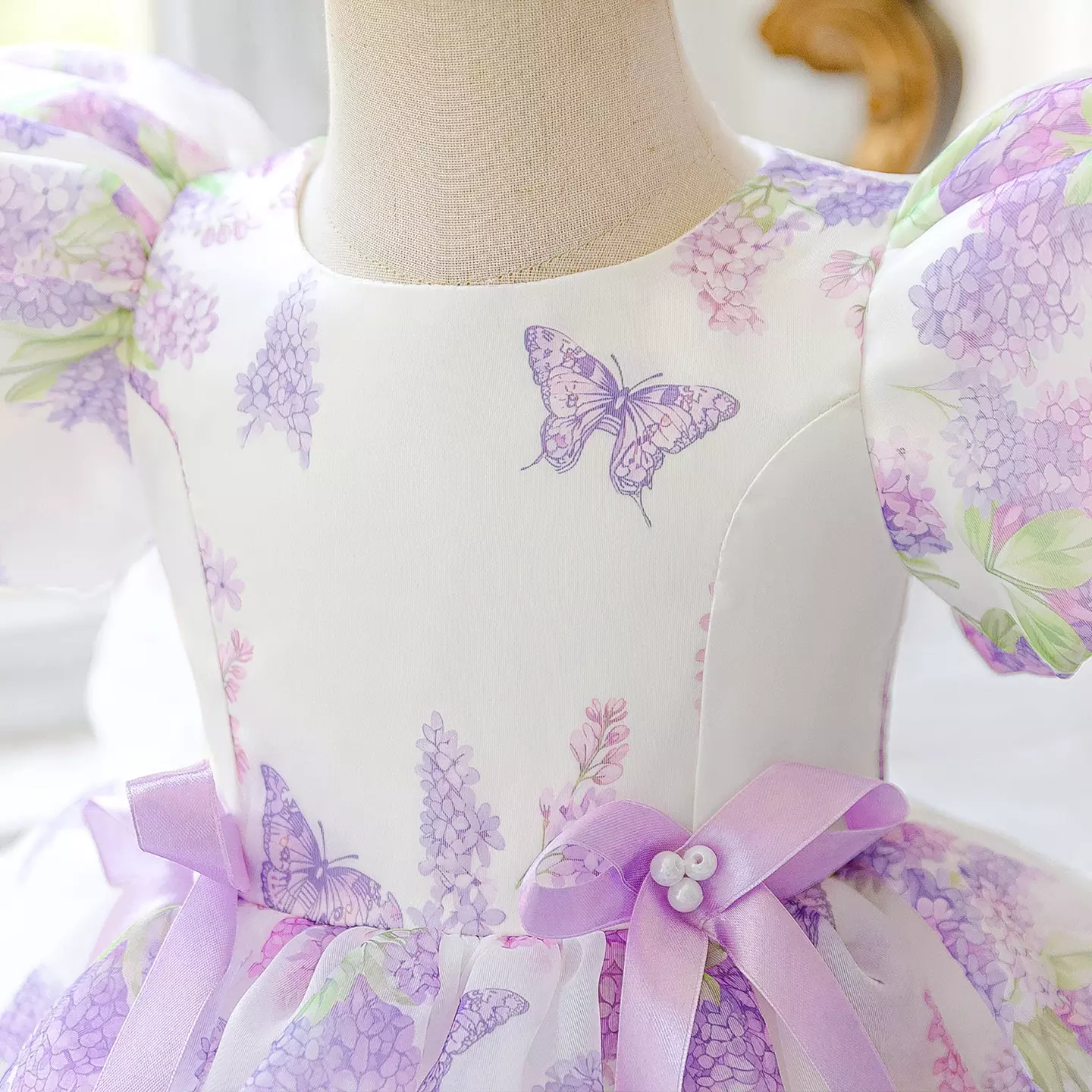 Pegula Lavender Lilac Print Puff Sleeve Tea Length Baby & Toddler Party Dress
