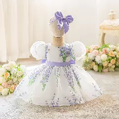 Osaka Lavender Floral Print Puff Sleeve Bow Back Tea Length Baby & Toddler Party Dress