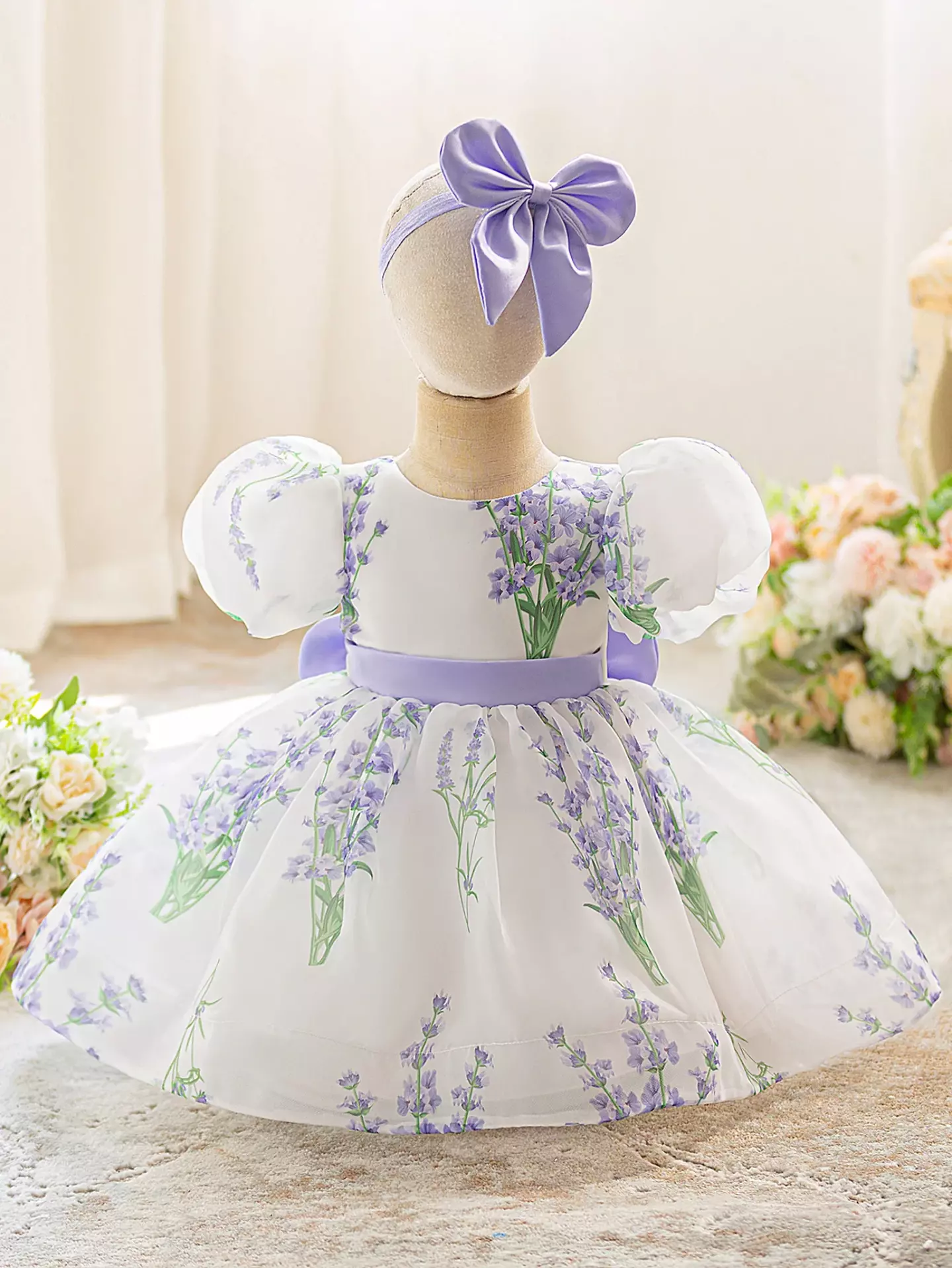 Osaka Lavender Floral Print Puff Sleeve Bow Back Tea Length Baby & Toddler Party Dress