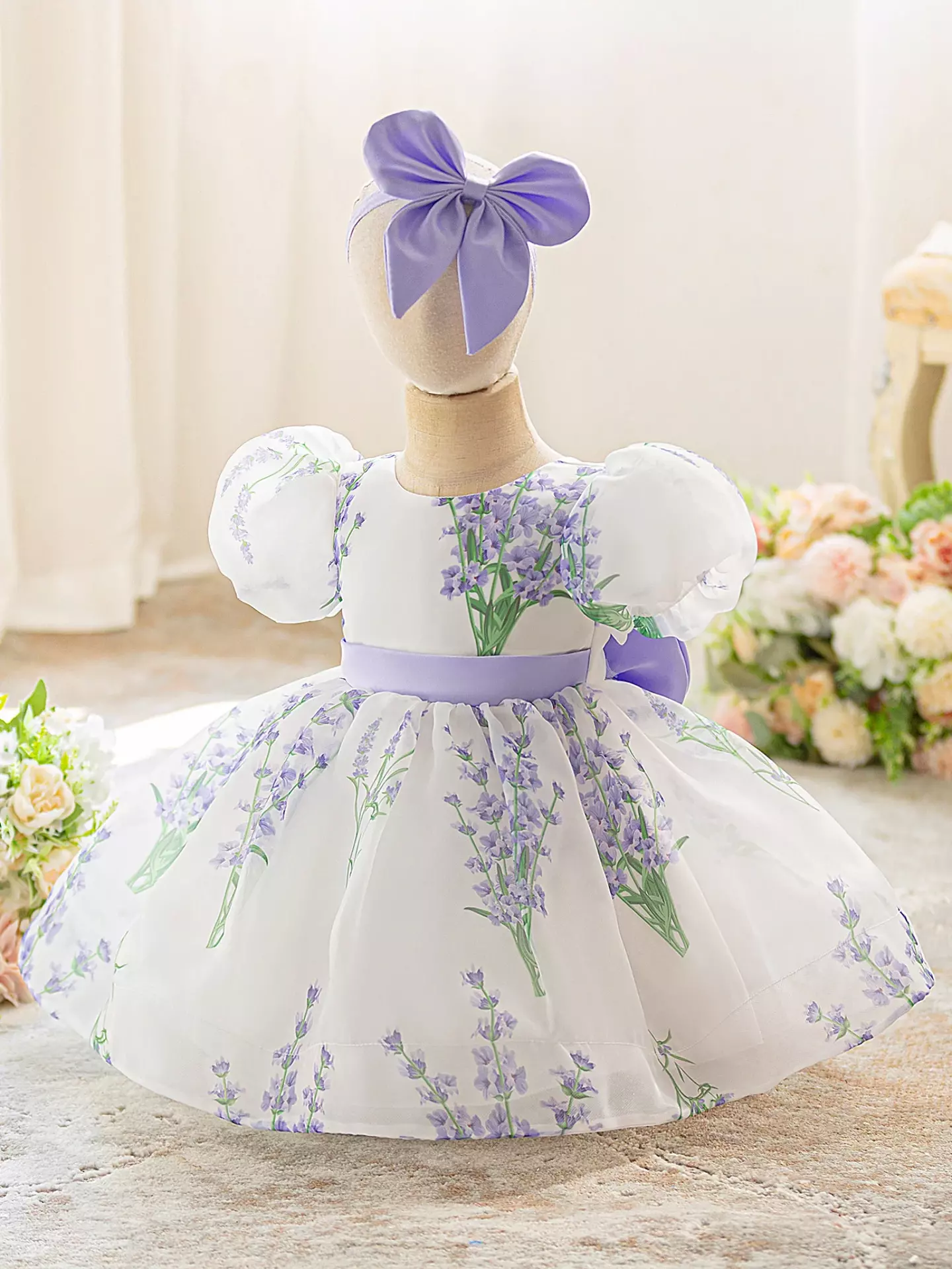 Osaka Lavender Floral Print Puff Sleeve Bow Back Tea Length Baby & Toddler Party Dress