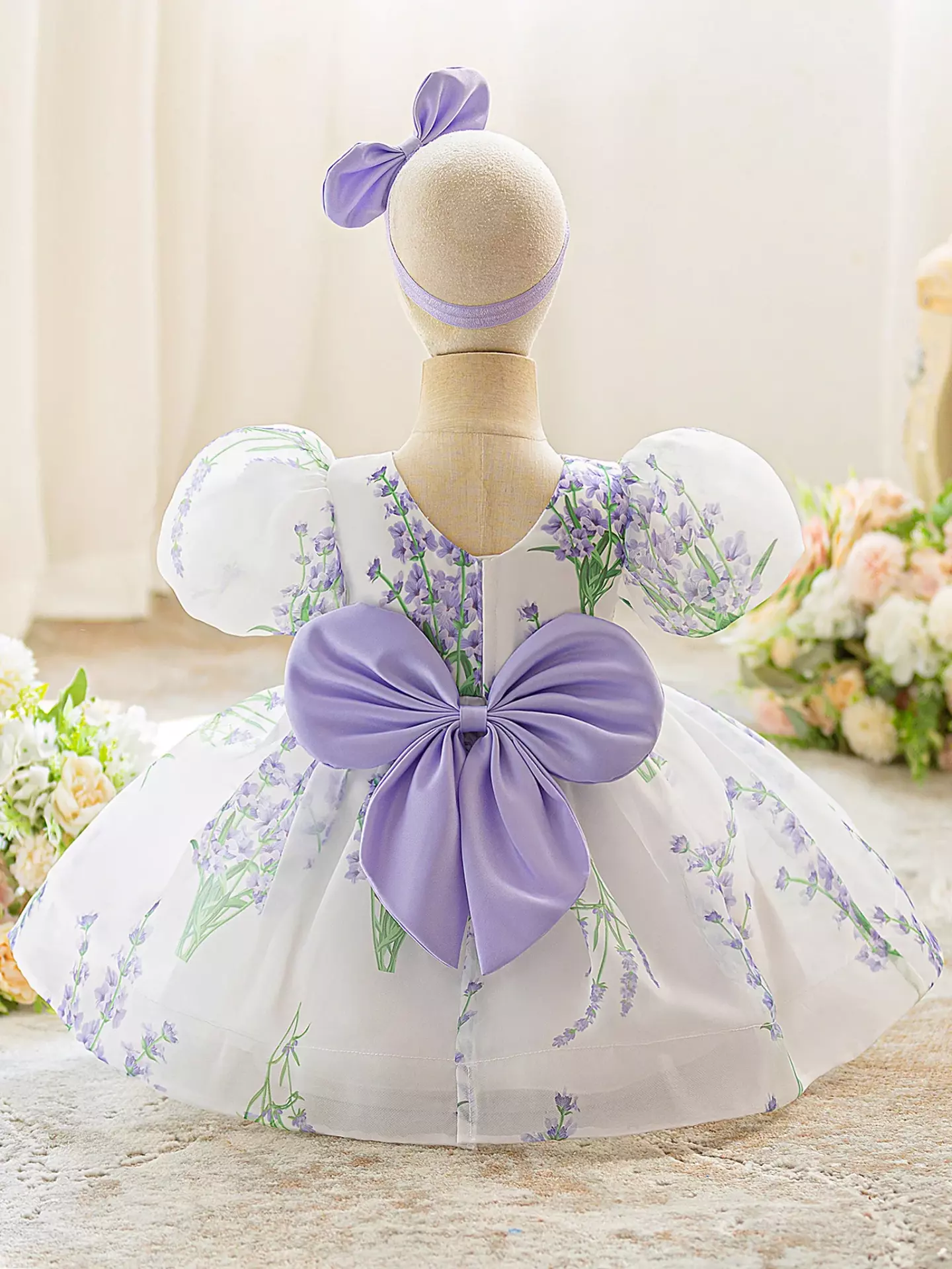 Osaka Lavender Floral Print Puff Sleeve Bow Back Tea Length Baby & Toddler Party Dress